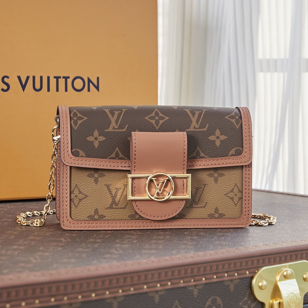 Louis Vuitton LV Monogram Reverse Canvas Mini Dauphine Chain Wallet Handbag M68746 Brown