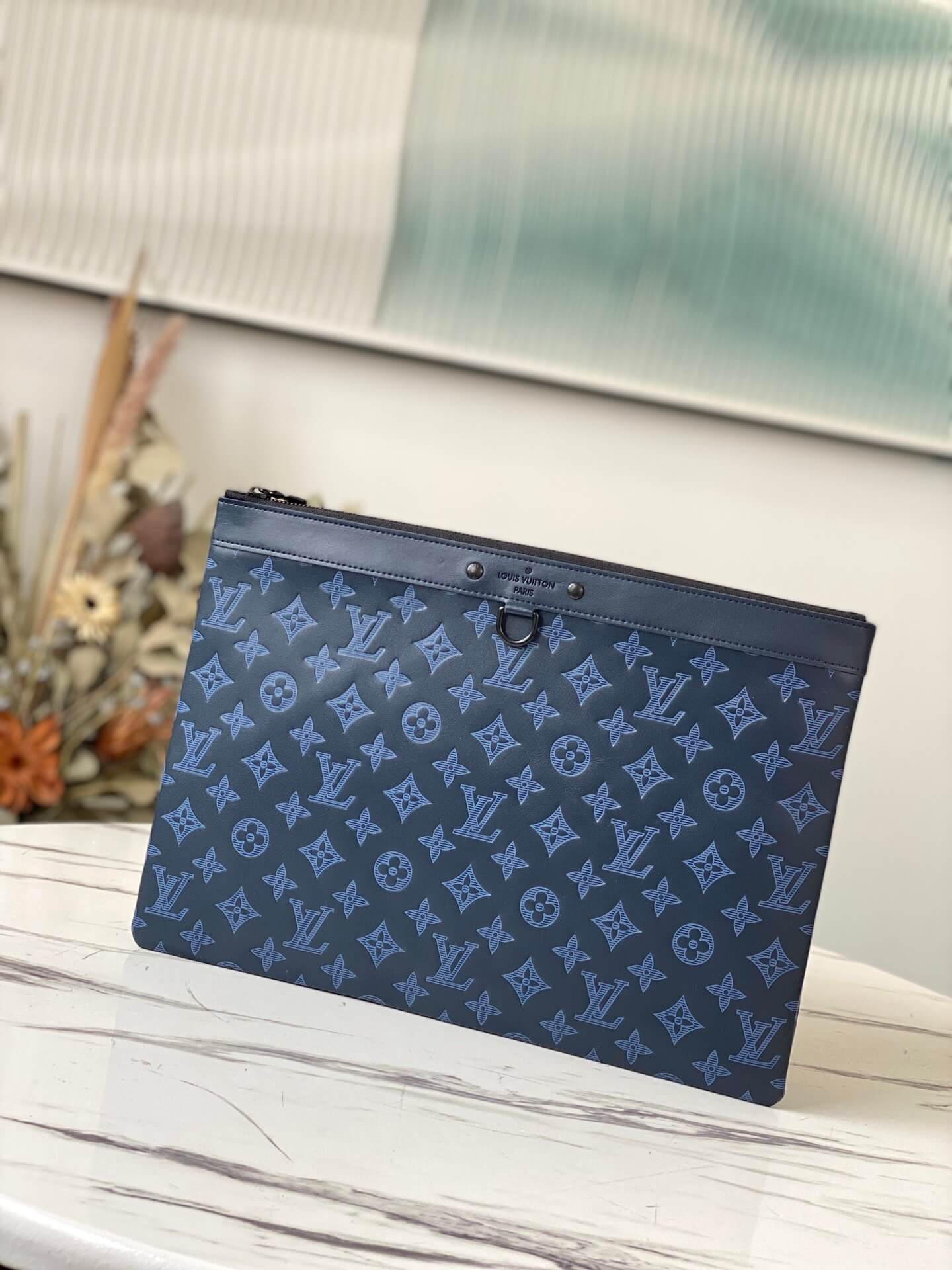 Louis Vuitton LV  Monogram Shadow Discovery Pochette GM Handbag M80425 Navy Blue