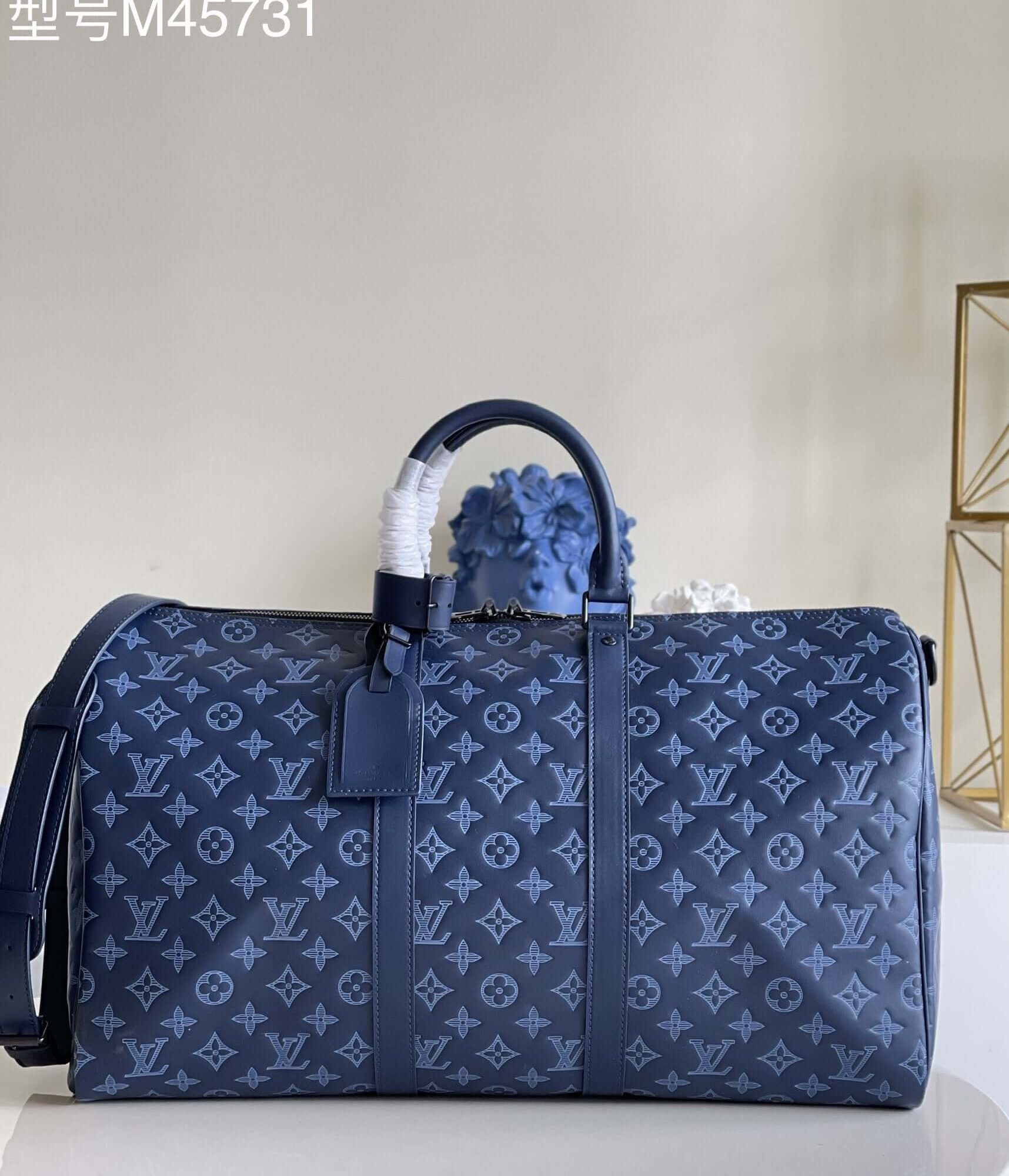Louis Vuitton LV Monogram Shadow Keepall Bandoulière 50 weekend Travel Bag M45731 Navy Blue
