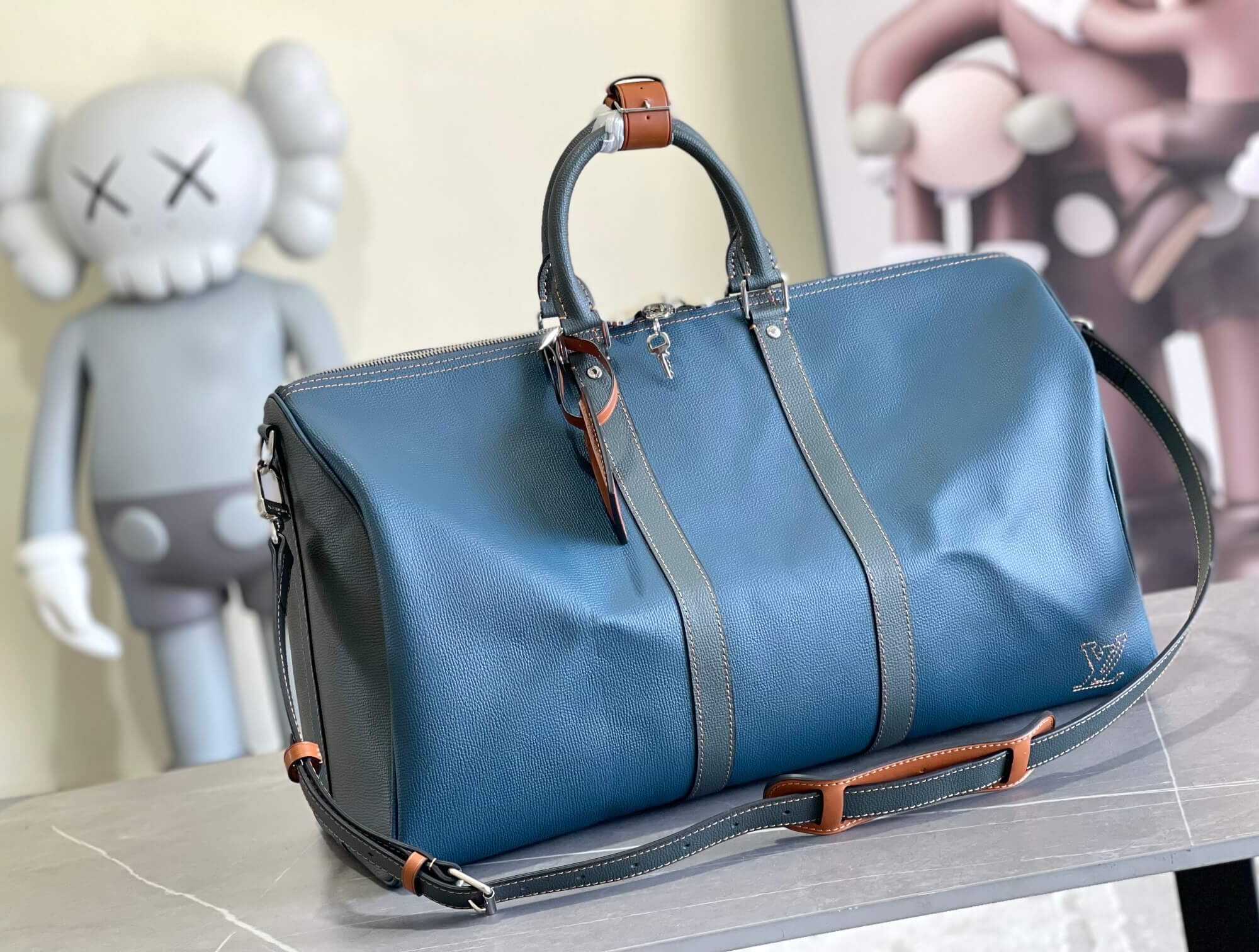 Louis Vuitton LV Taurillon leather Keepall Bandoulière 50 Travel Shoulder HandBag M21377 Blue
