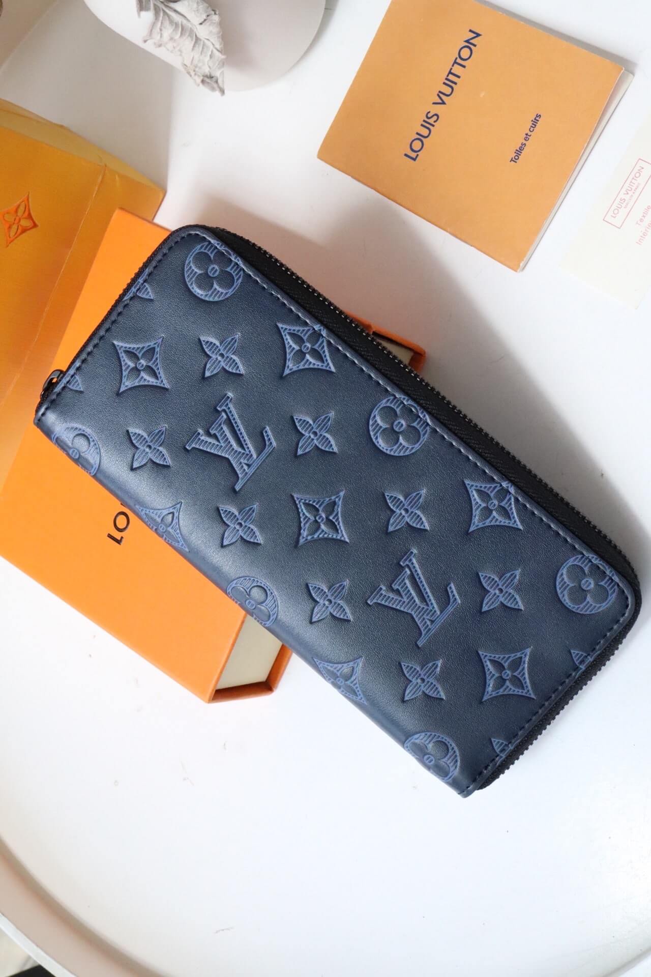 Louis Vuitton LV Monogram Shadow Vertical Zippy Wallet M80423 Navy Blue