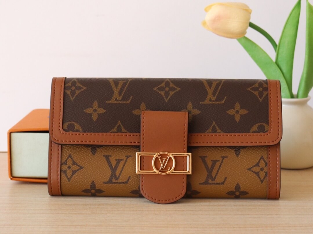 Louis Vuitton LV Monogram and Monogram Reverse Canvas Long Sarah Dauphine Wallet M46645 Brown Caramel