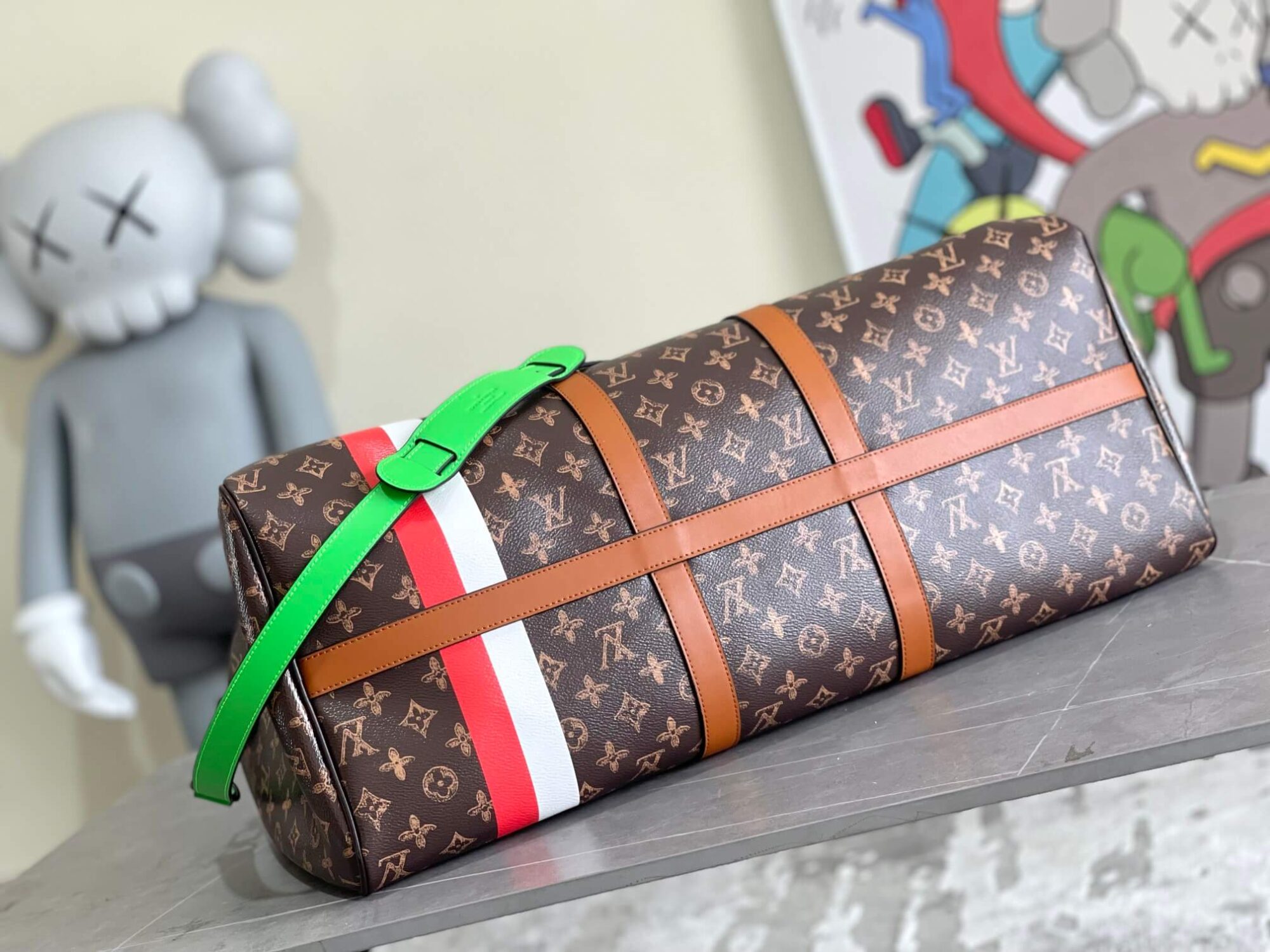 Louis Vuitton LV Monogram canvas Keepall Bandouliere 55 Duffel Travel Shoulder Bag M59661 Green / Brown - Image 9