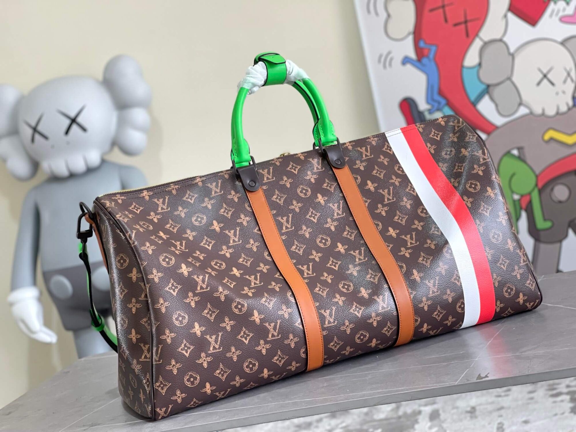 Louis Vuitton LV Monogram canvas Keepall Bandouliere 55 Duffel Travel Shoulder Bag M59661 Green / Brown - Image 2
