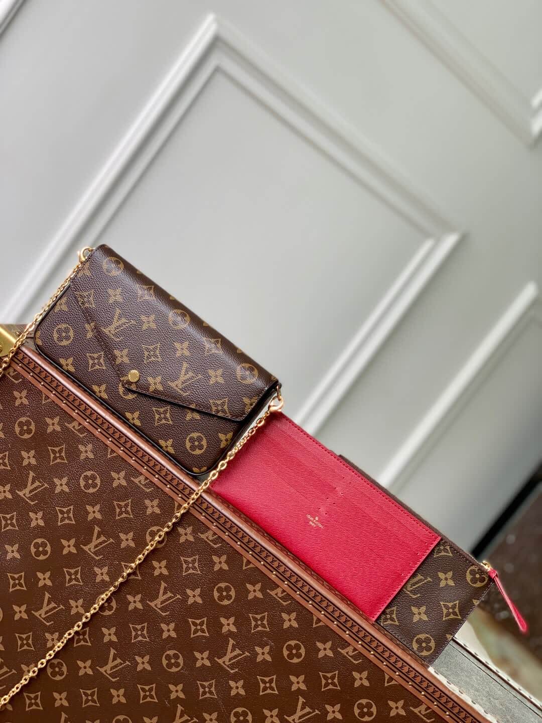 Louis Vuitton LV Monogram canvas Pochette Félicie flap pouch Chain Wallet Shoulder Crossbody M61276 Fuchsia Pink
