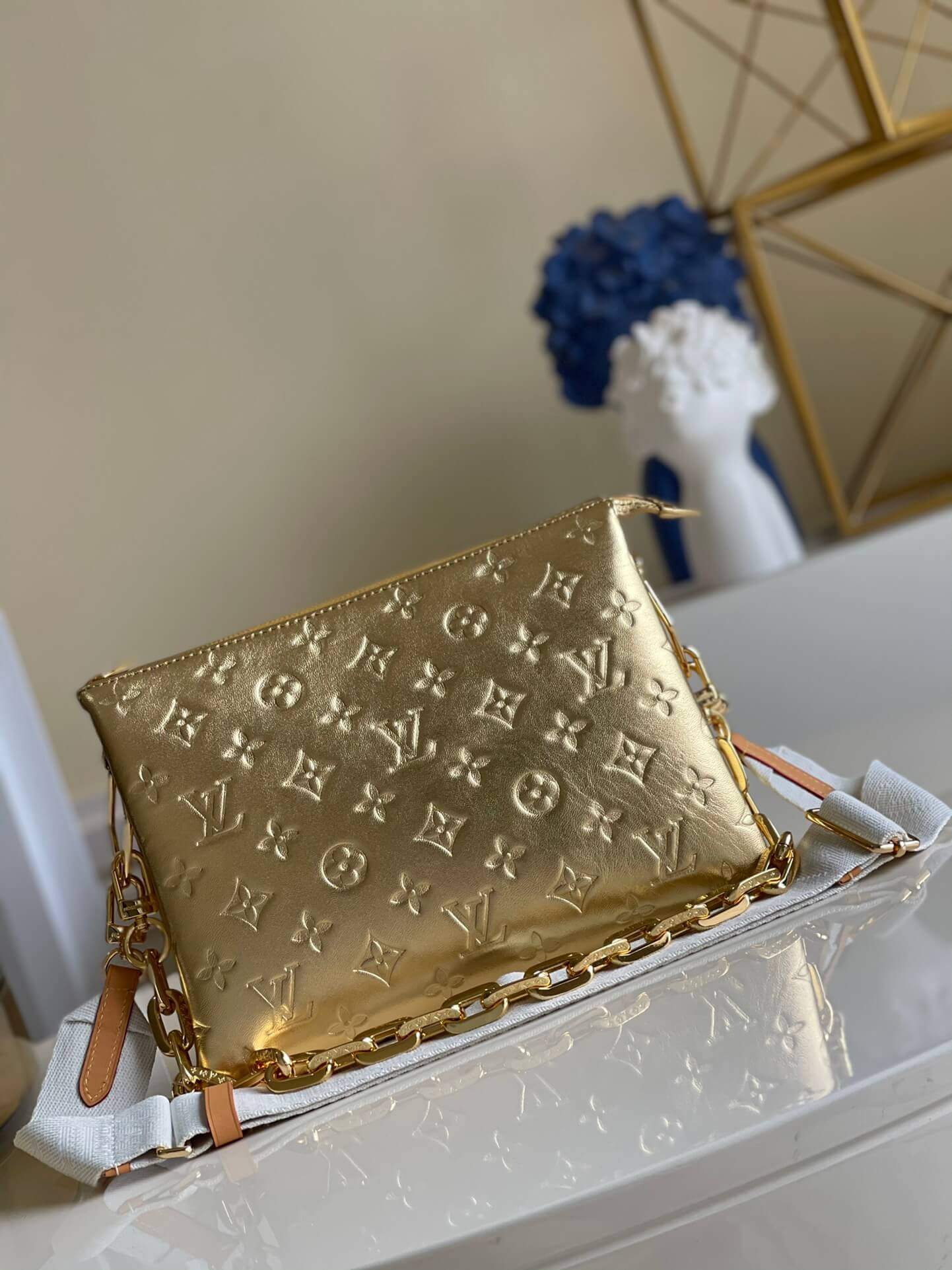 Louis Vuitton LV Monogram embossed Coussin PM H27 Lambskin Shoulder Crossbody Handbag Gold