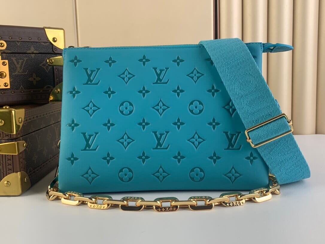 Louis Vuitton LV Monogram embossed Coussin PM H27 Lambskin Shoulder Crossbody Handbag M20769 Turquoise Blue