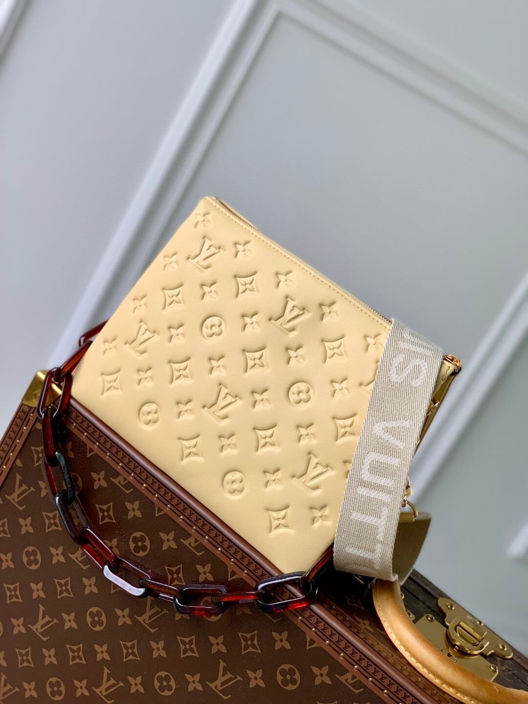 Louis Vuitton LV Monogram embossed Coussin PM H27 Lambskin Shoulder Crossbody Handbag M25112 Goose Yellow - Khaki Green - Yellow