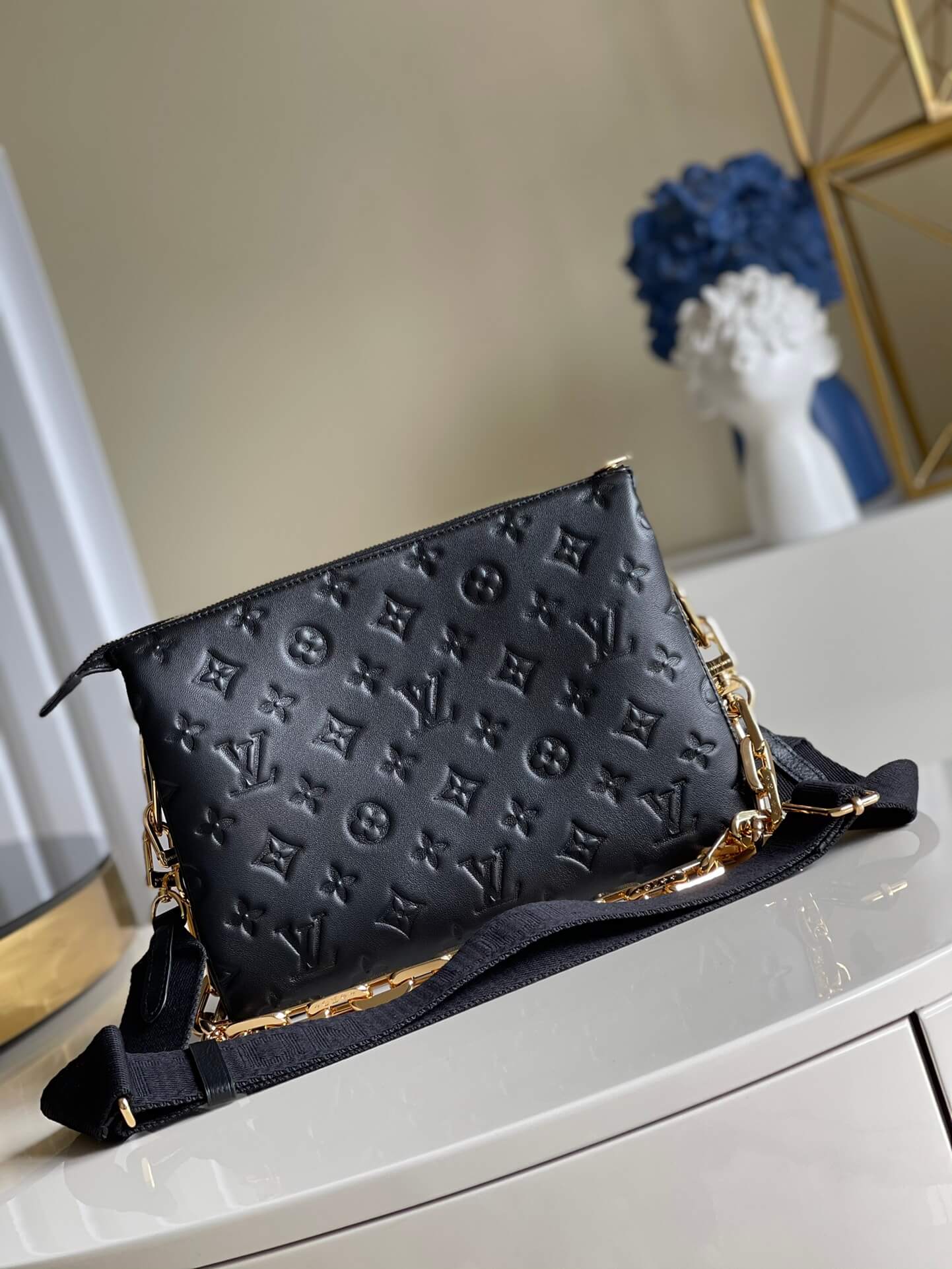 Louis Vuitton LV Monogram embossed Coussin PM H27 Lambskin Shoulder Crossbody Handbag M57790 Black