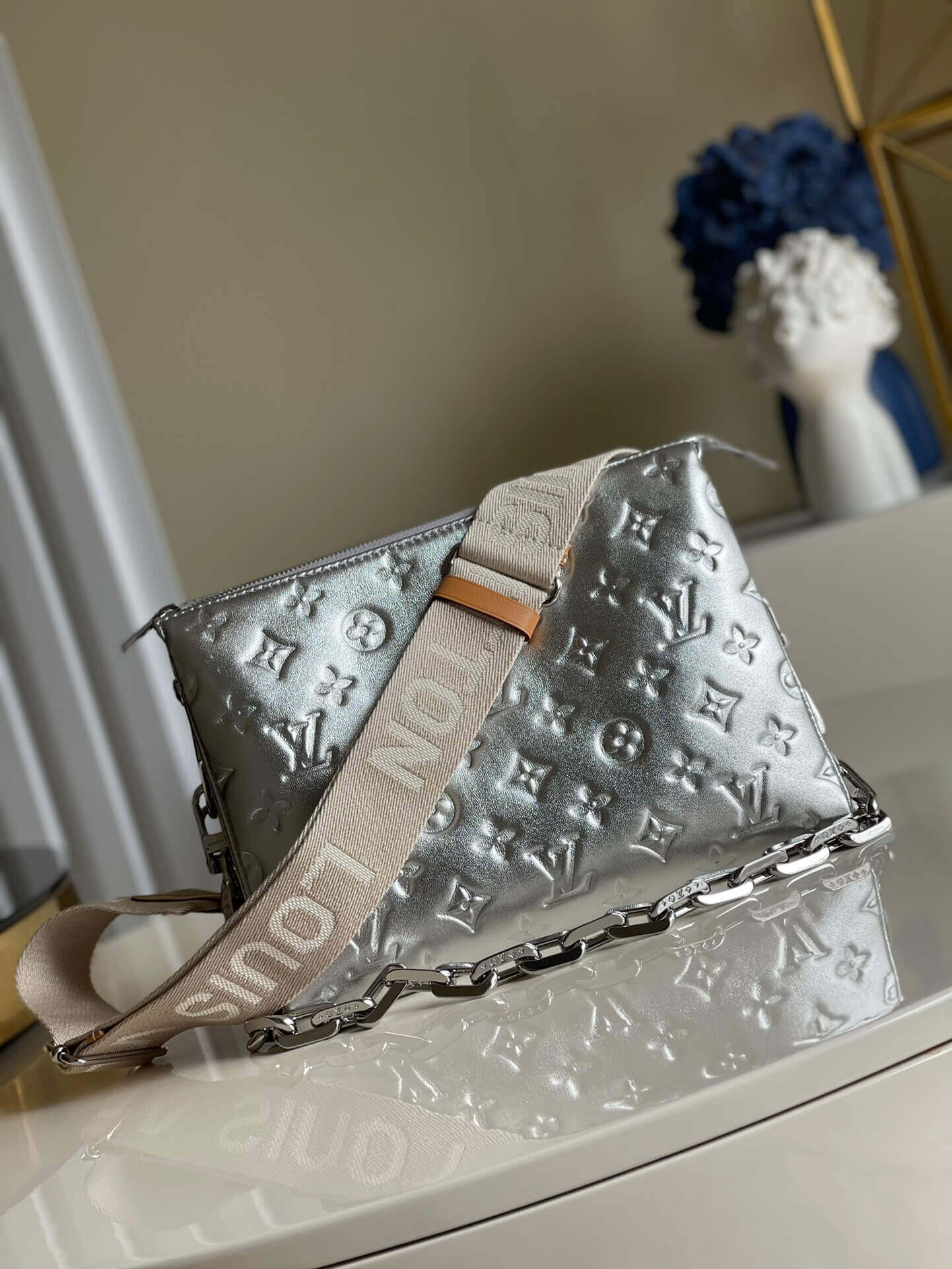 Louis Vuitton LV Monogram embossed Coussin PM H27 Lambskin Shoulder Crossbody Handbag M57913 Silver
