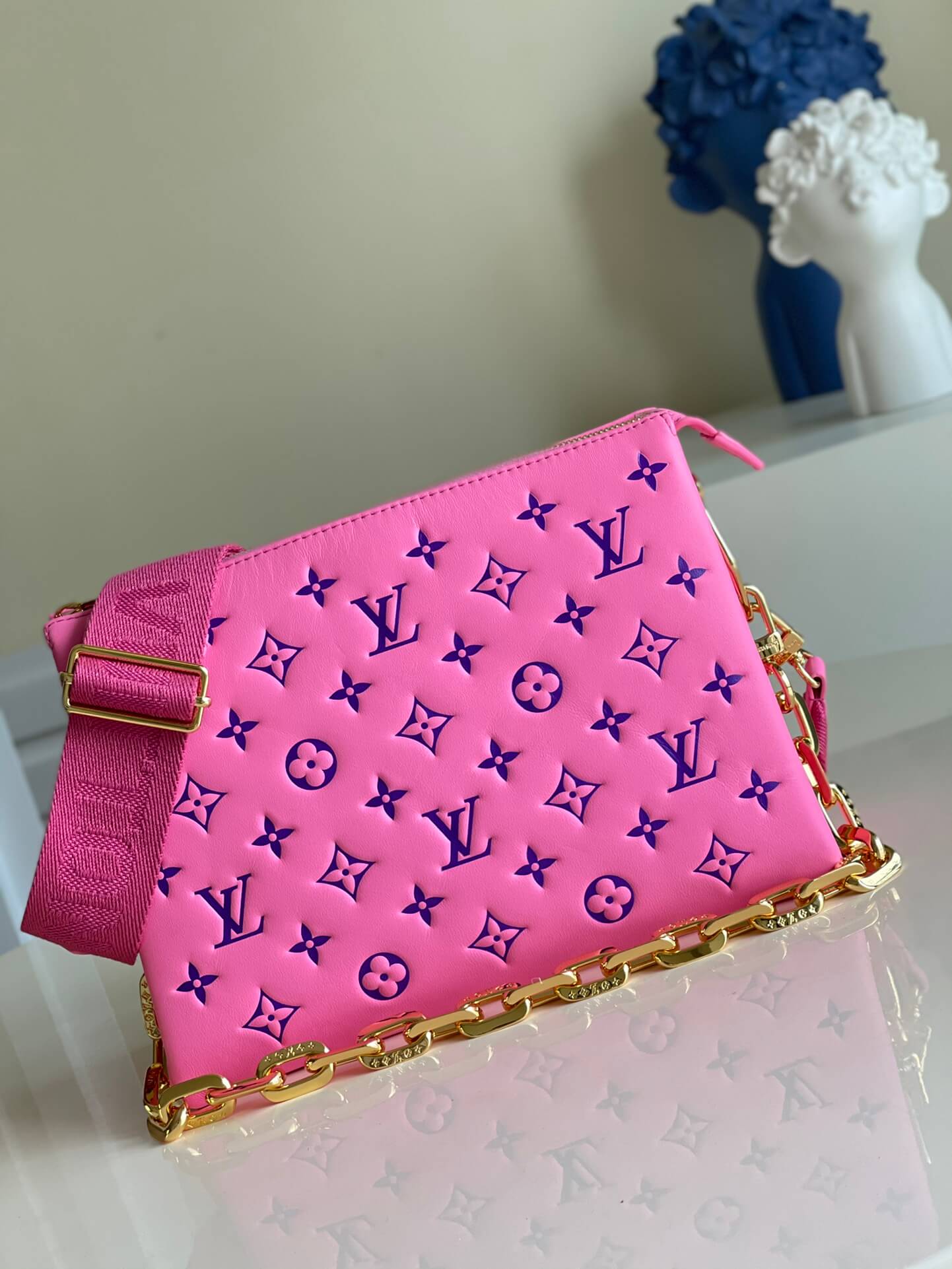 Louis Vuitton LV Monogram embossed Coussin PM H27 Lambskin Shoulder Crossbody Handbag M58628 Pink  / Purple