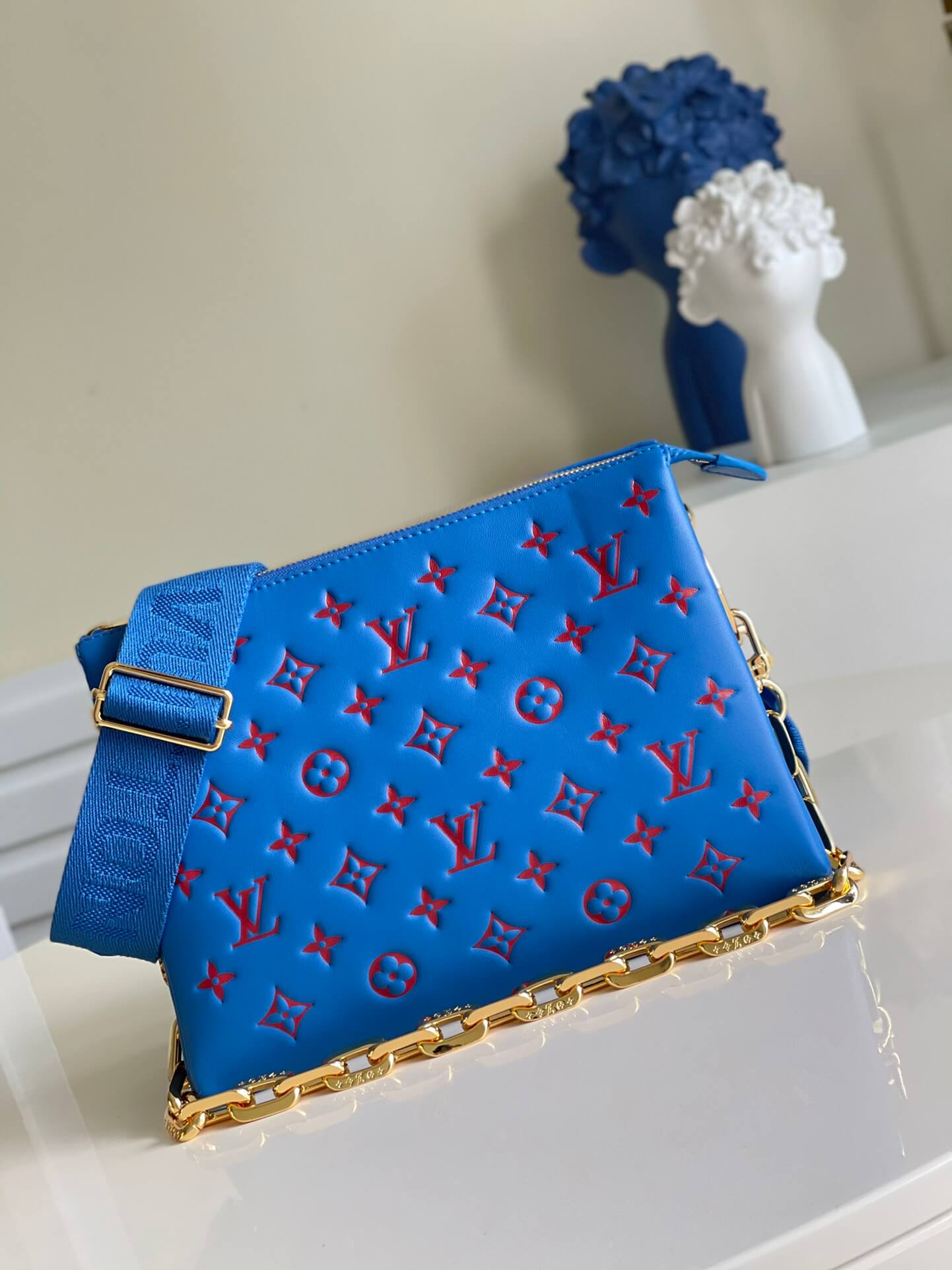 Louis Vuitton LV Monogram embossed Coussin PM H27 Lambskin Shoulder Crossbody Handbag M58626 Blue / Red