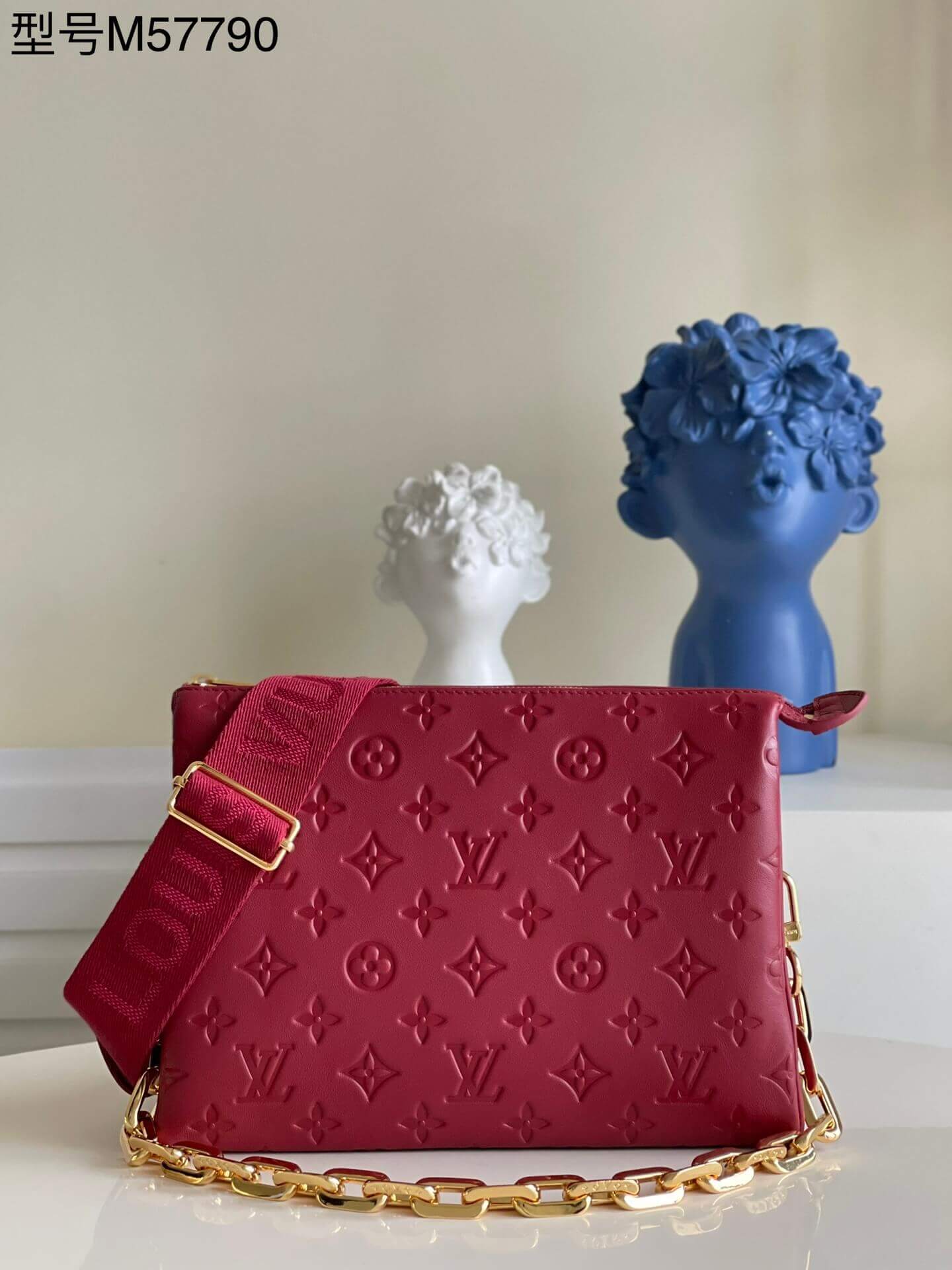 Louis Vuitton LV Monogram embossed Coussin PM H27 Lambskin Shoulder Crossbody Handbag M59275 Maroon Wine