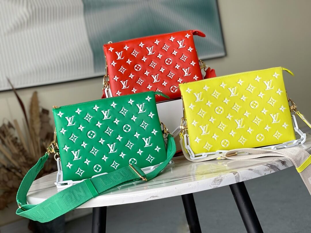 Louis Vuitton LV Monogram embossed Coussin Vuittamins PM H27 Lambskin Shoulder Crossbody Handbag M20760 Green / White M20761 Red / White M20843 Yellow / White