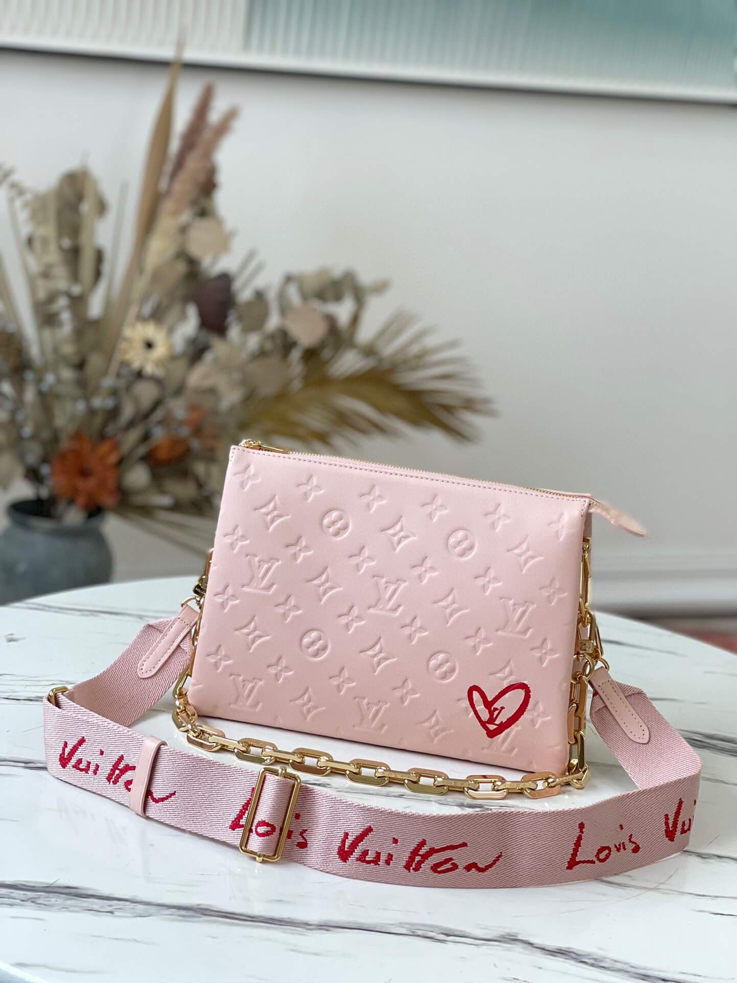 Louis Vuitton LV Monogram embossed Coussin Vuittamins PM H27 Lambskin Shoulder Crossbody Handbag M58739 Dragee Pink