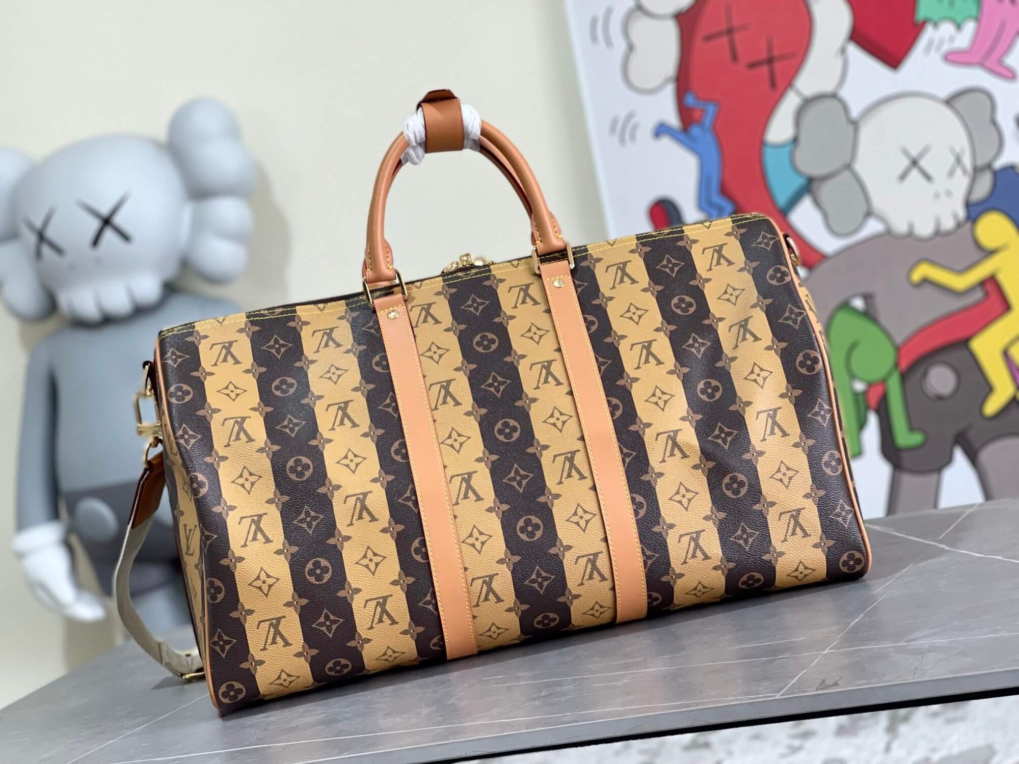 Louis Vuitton LV X NIGO Monogram canvas Keepall Bandouliere 50 floral Striped Travel Bag M40567 Brown - Black / Grey - Image 2