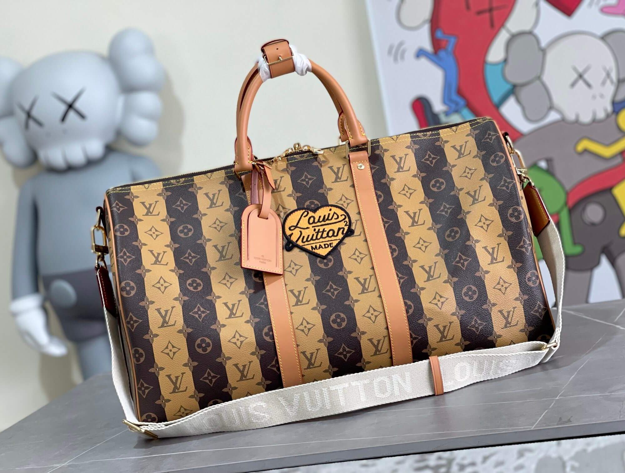 Louis Vuitton LV X NIGO Monogram canvas Keepall Bandouliere 50 floral Striped Travel Bag M40567 Brown - Black / Grey
