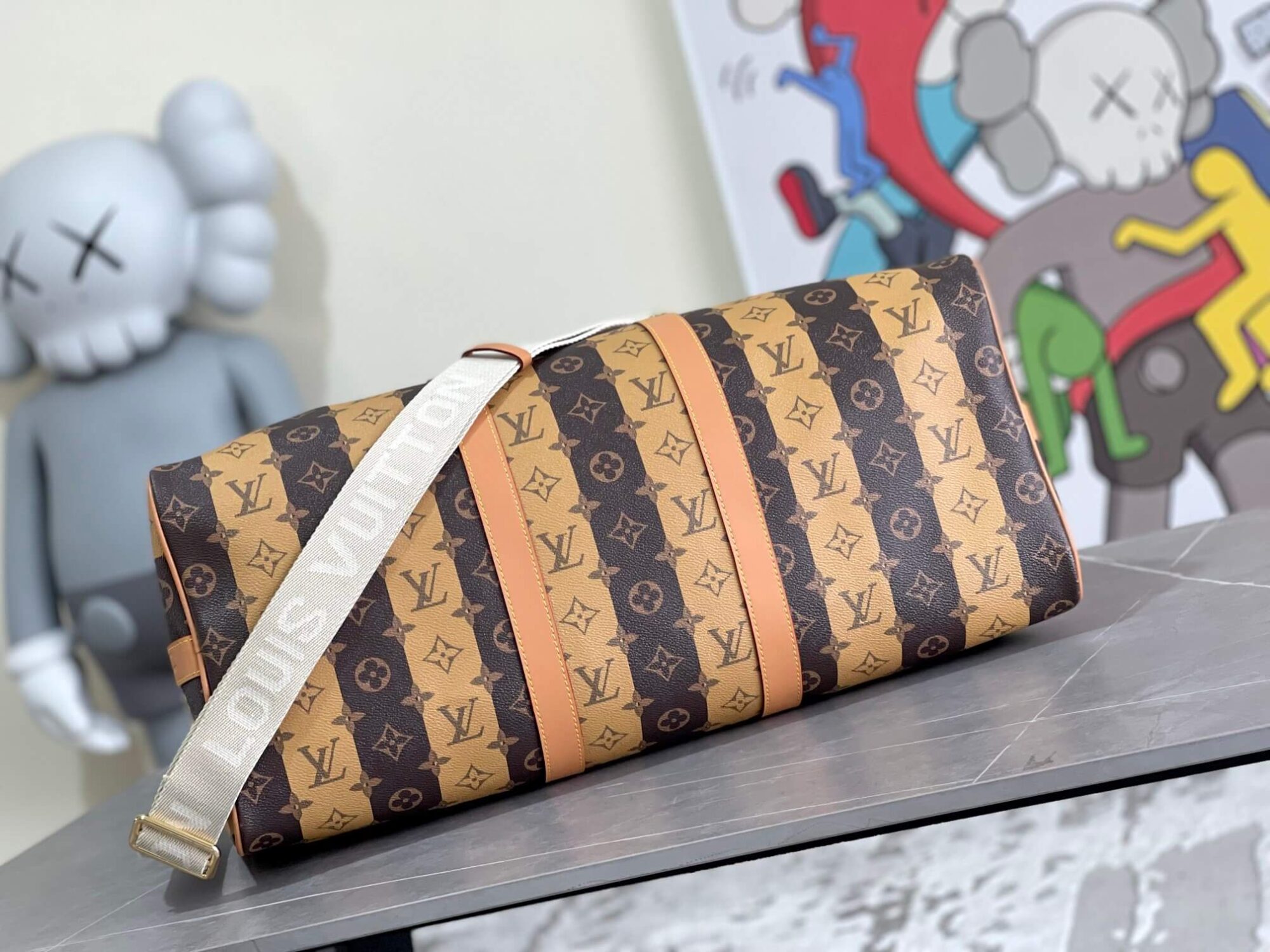 Louis Vuitton LV X NIGO Monogram canvas Keepall Bandouliere 50 floral Striped Travel Bag M40567 Brown - Black / Grey - Image 9