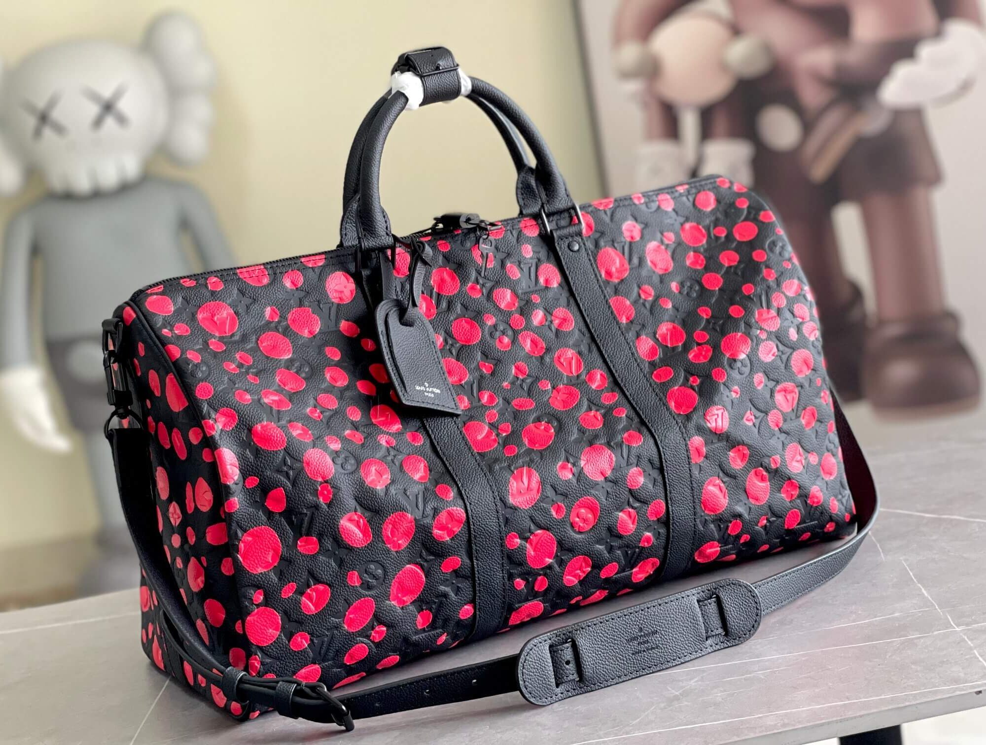 Louis Vuitton LV X Yayoi Kusama Taurillon Monogram Keepall Bandoulière 50 Travel Shoulder Bag M21674 Black / Red