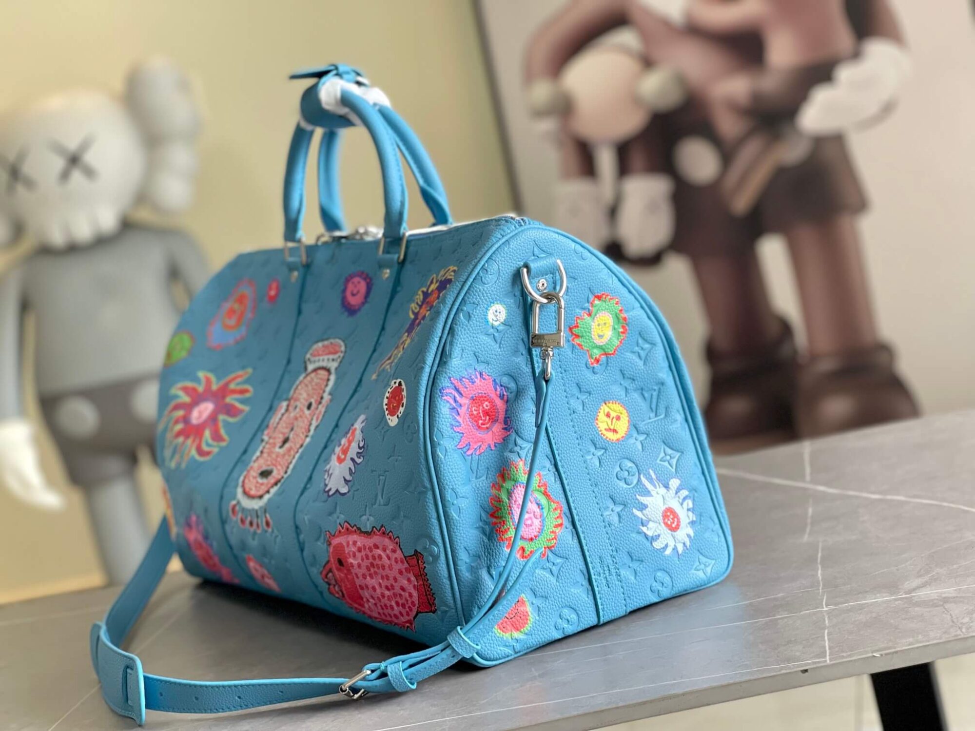 Louis Vuitton LV x YK Keepall Taurillon Monogram Keepall Bandoulière 50 Travel Shoulder Bag M21713 Light Blue - Image 4