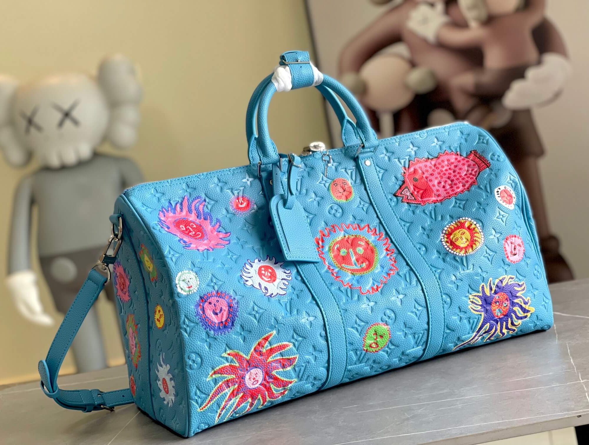 Louis Vuitton LV x YK Keepall Taurillon Monogram Keepall Bandoulière 50 Travel Shoulder Bag M21713 Light Blue