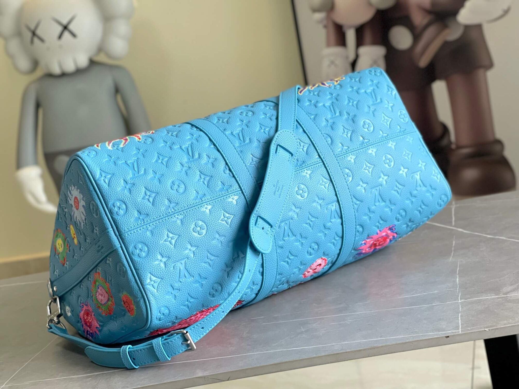 Louis Vuitton LV x YK Keepall Taurillon Monogram Keepall Bandoulière 50 Travel Shoulder Bag M21713 Light Blue - Image 9