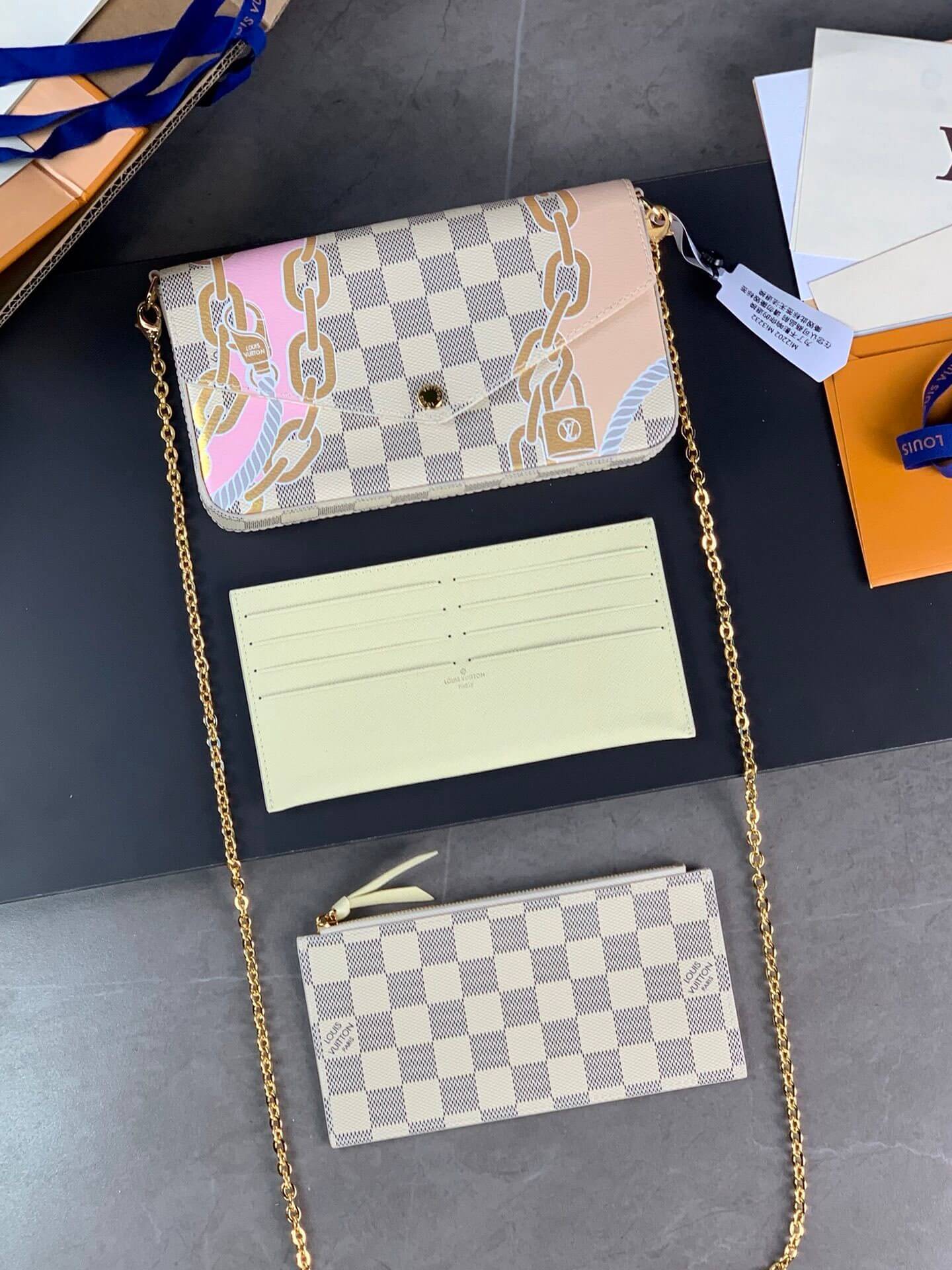 Louis Vuitton LV Damier Azur Canvas Felicie Chain Wallet N40466 White Grid