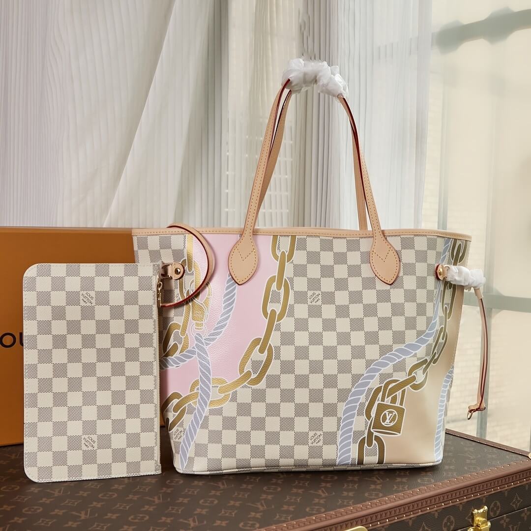 Louis Vuitton LV Damier Azur canvas Neverfull MM Tote Handbag N40471 White Grid