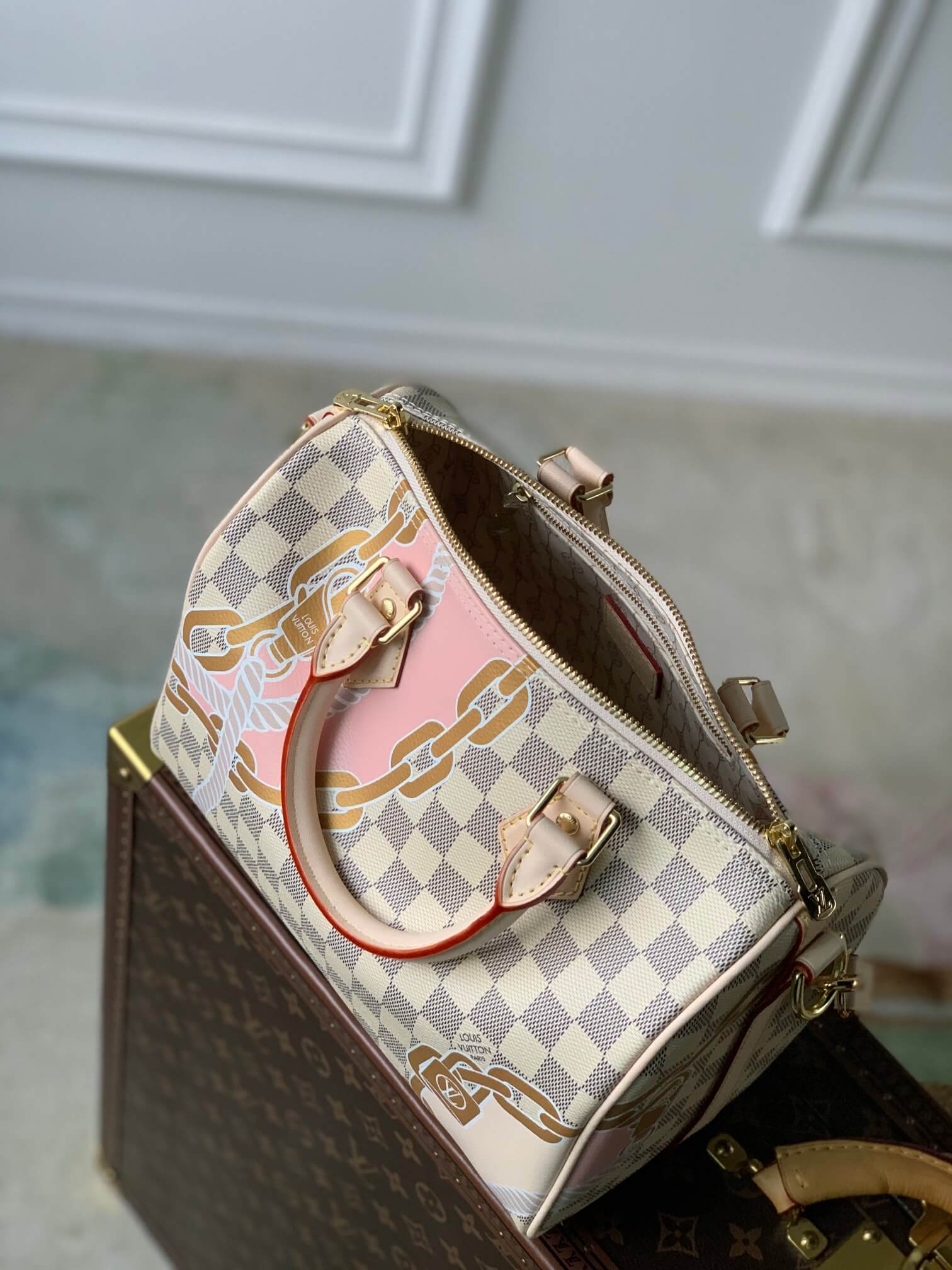 Louis Vuitton LV Damier Azur canvas Speedy Bandoulière 25 Shoulder Handbag N40473 White Grid - Image 3