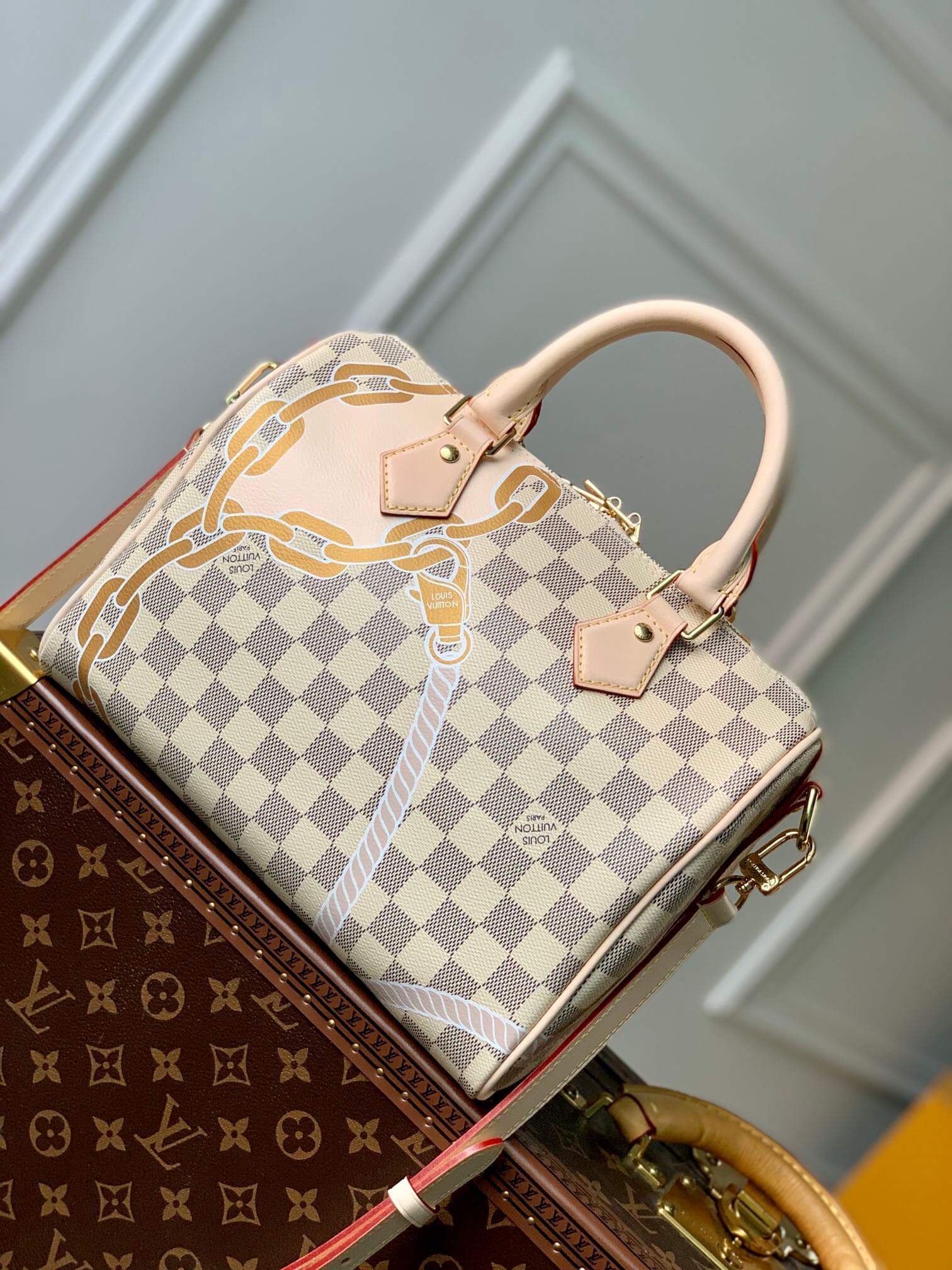 Louis Vuitton LV Damier Azur canvas Speedy Bandoulière 25 Shoulder Handbag N40473 White Grid - Image 2