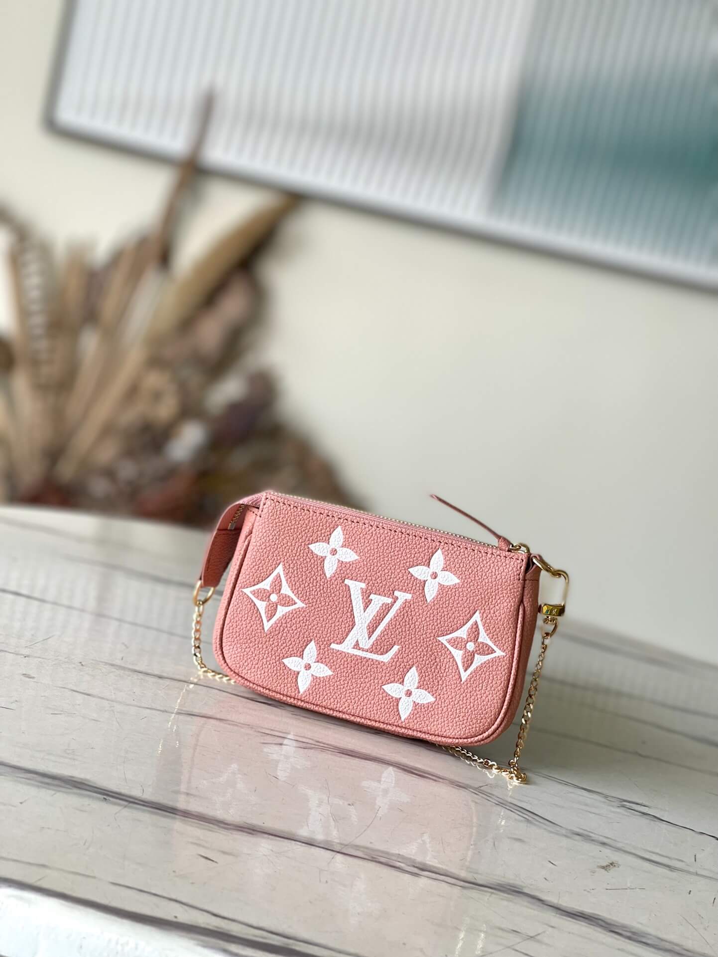 Louis Vuitton LV Monogram Empreinte Mini Accessory Pouch Handbag M80501 Trianon Pink / Cream