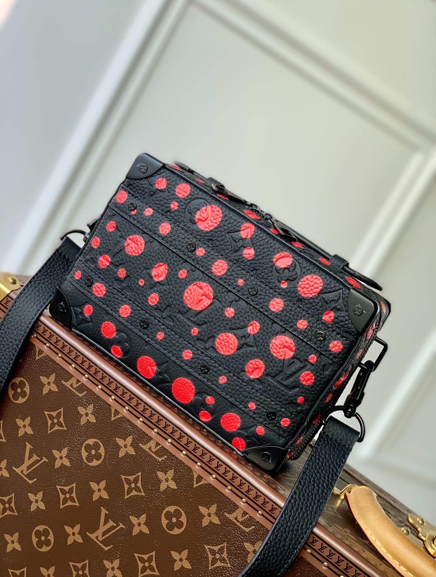 Louis Vuitton LV x YK Monogram Taurillon Infinity Dots Handle Soft Trunk Handbag M21677 Black / Rose Red
