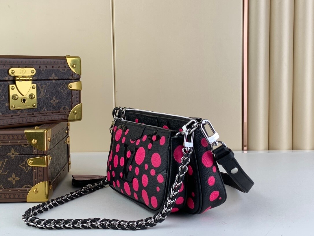 Louis Vuitton LV x YK Monogram Taurillon Infinity Dots Multi Pochette Accessoires Shoulder Handbag M46421 Black / Rose Red - Image 6