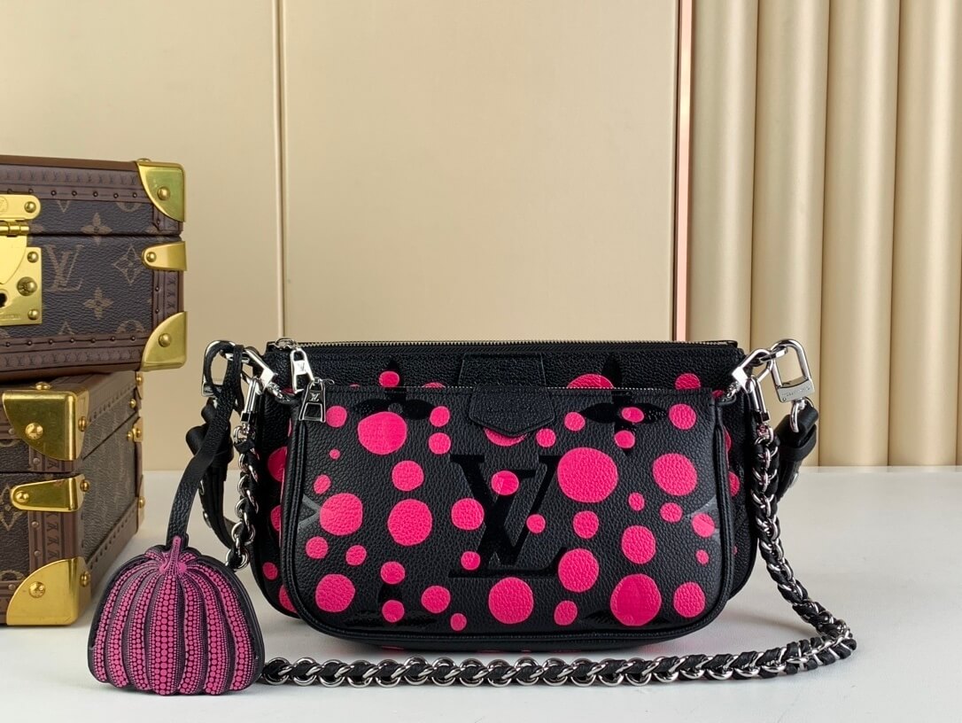 Louis Vuitton LV x YK Monogram Taurillon Infinity Dots Multi Pochette Accessoires Shoulder Handbag M46421 Black / Rose Red