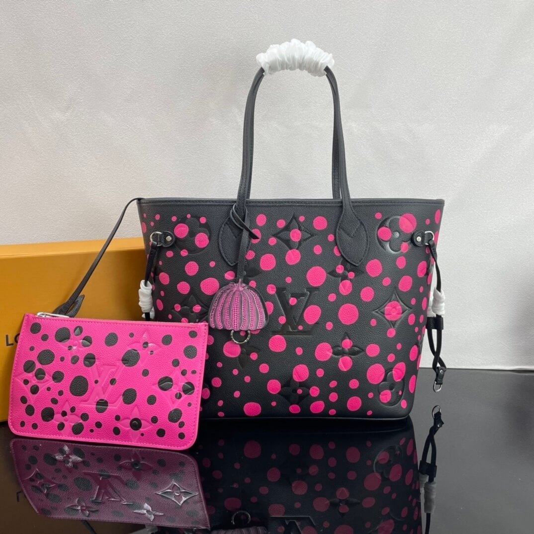 Louis Vuitton LV x YK Monogram Taurillon Infinity Dots Neverfull MM Shoulder Handbag M46419 Black / Rose Red