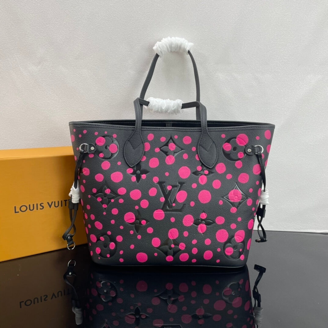 Louis Vuitton LV x YK Monogram Taurillon Infinity Dots Neverfull MM Shoulder Handbag M46419 Black / Rose Red - Image 9