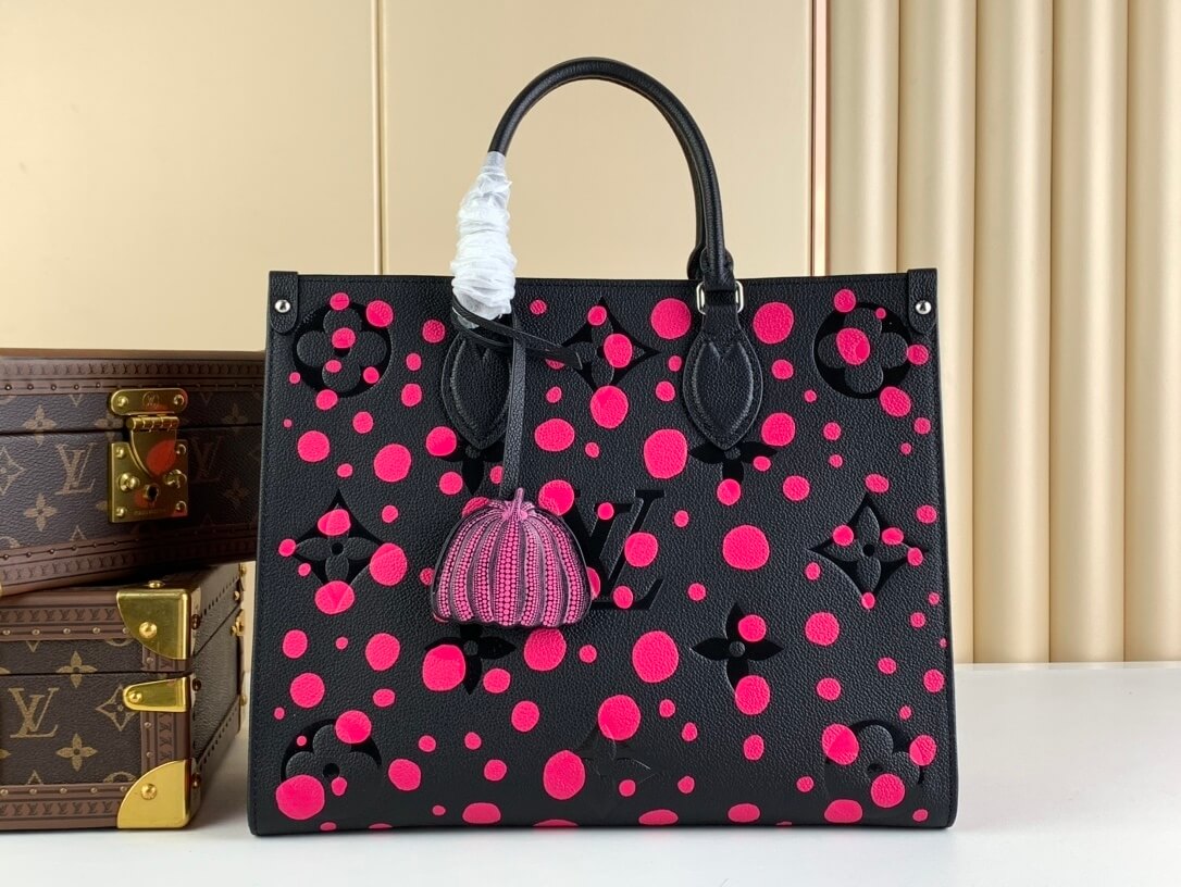 Louis Vuitton LV x YK Monogram Taurillon Infinity Dots OnTheGo MM Handbag M46418 Black / Fuchsia Pink