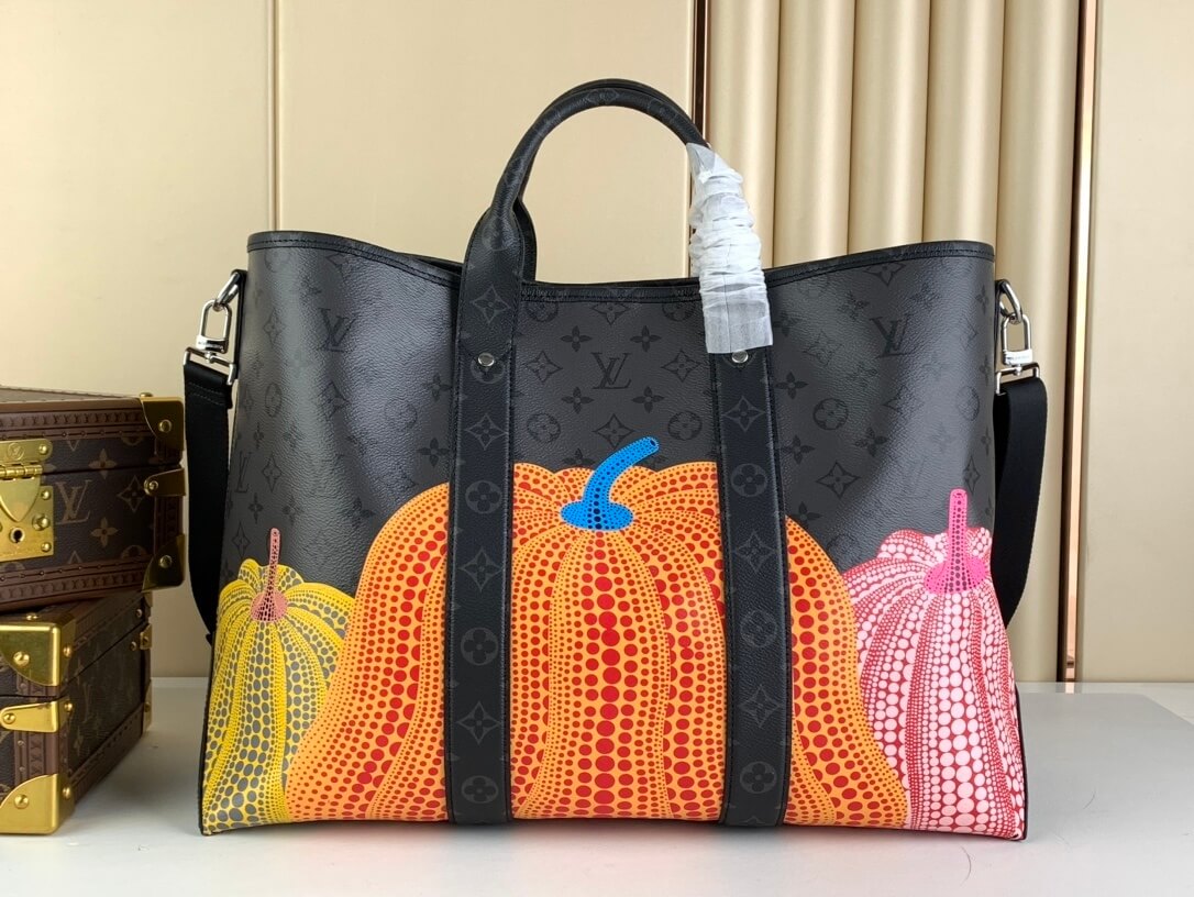 Louis Vuitton Monogram Eclipse Reverse coated canvas Pumpkin LV x YK Weekend Tote Handbag M46434 Black Flower