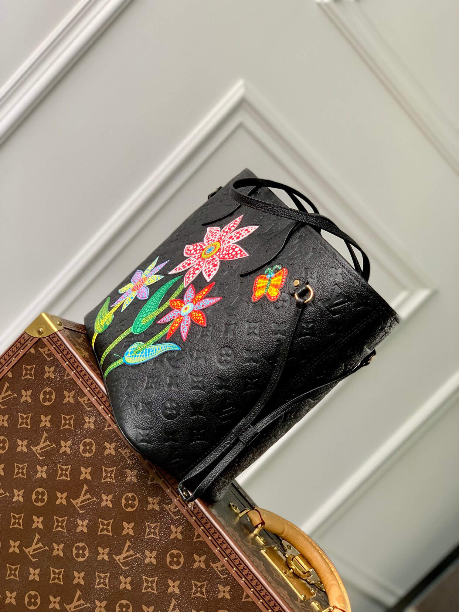 Louis Vuitton Monogram Empreinte LV x YK Sac Neverfull MM Shoulder HandBag M21733 Black Flower - White Cream Flower - Image 8