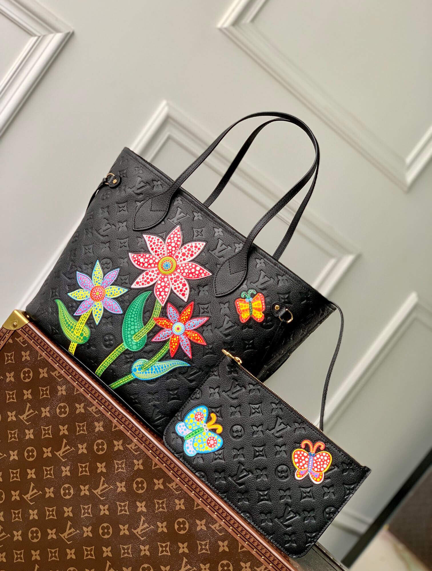 Louis Vuitton Monogram Empreinte LV x YK Sac Neverfull MM Shoulder HandBag M21733 Black Flower - White Cream Flower