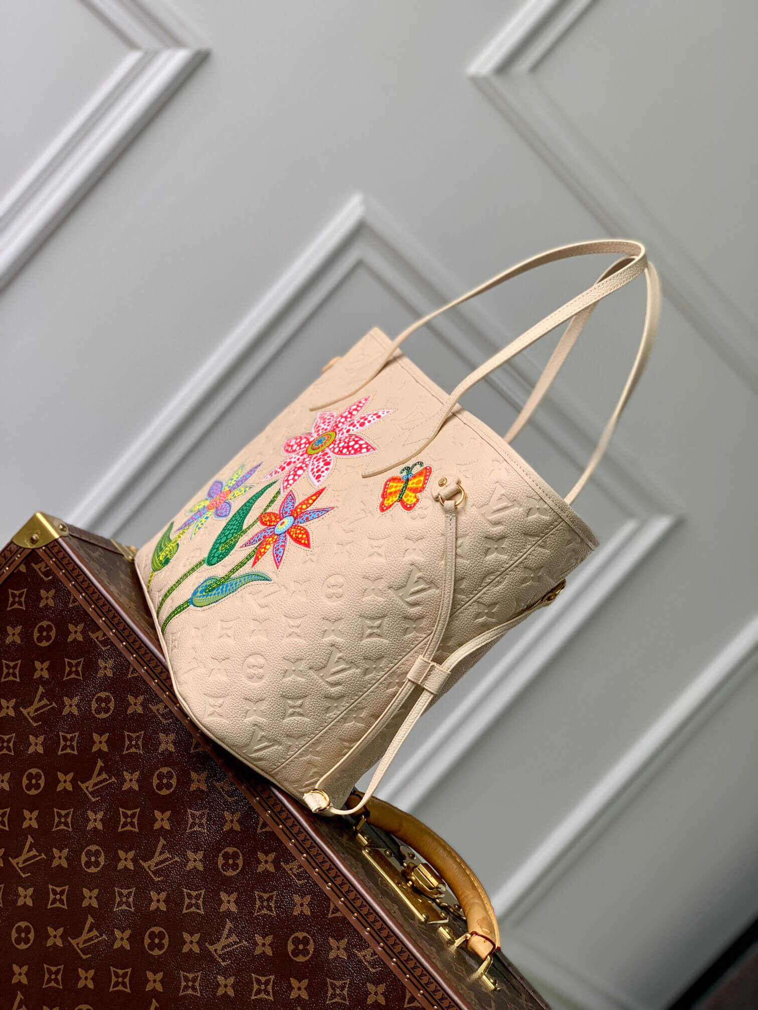 Louis Vuitton Monogram Empreinte LV x YK Sac Neverfull MM Shoulder HandBag M21733 Black Flower - White Cream Flower - Image 15