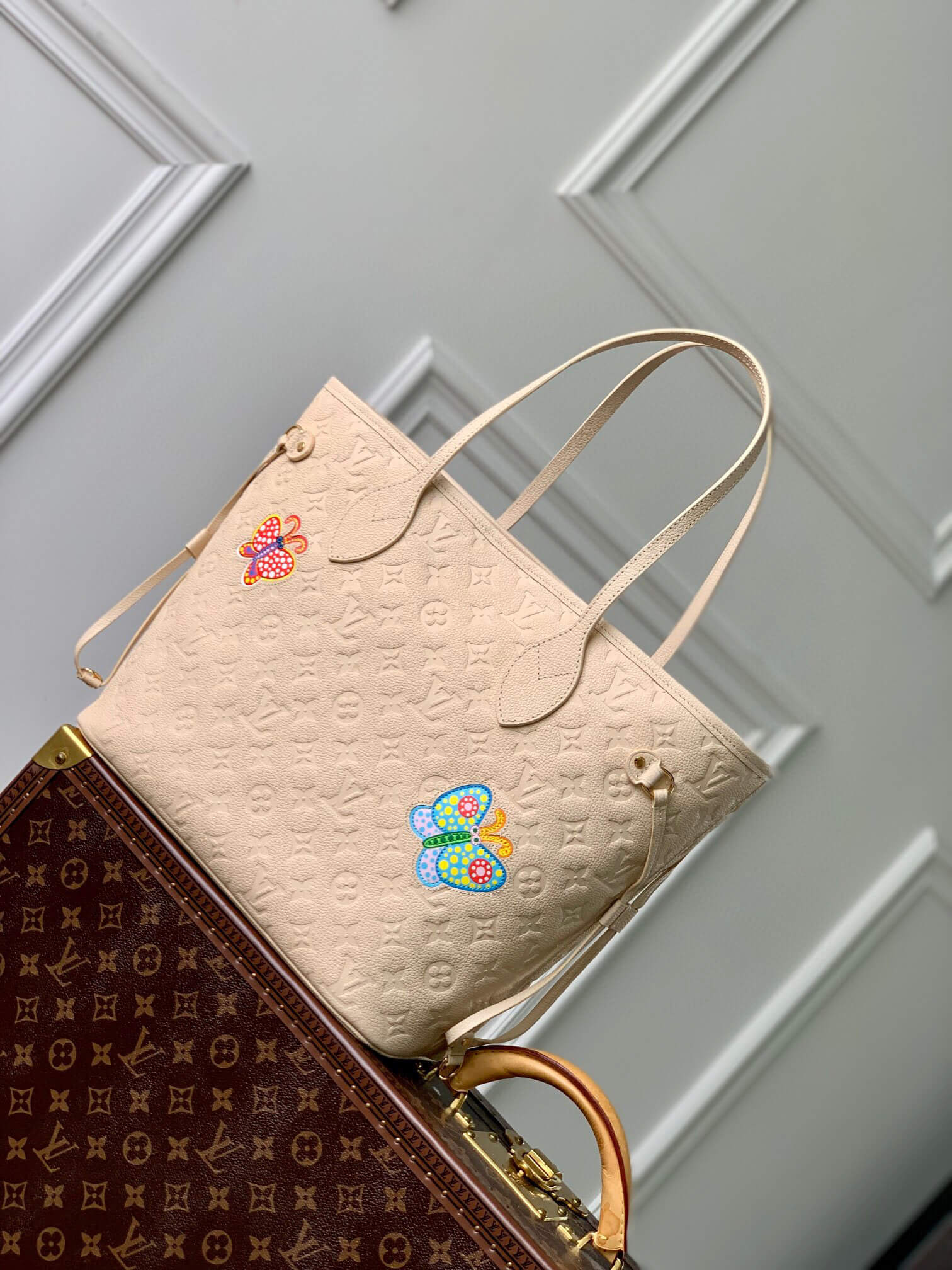 Louis Vuitton Monogram Empreinte LV x YK Sac Neverfull MM Shoulder HandBag M21733 Black Flower - White Cream Flower - Image 10