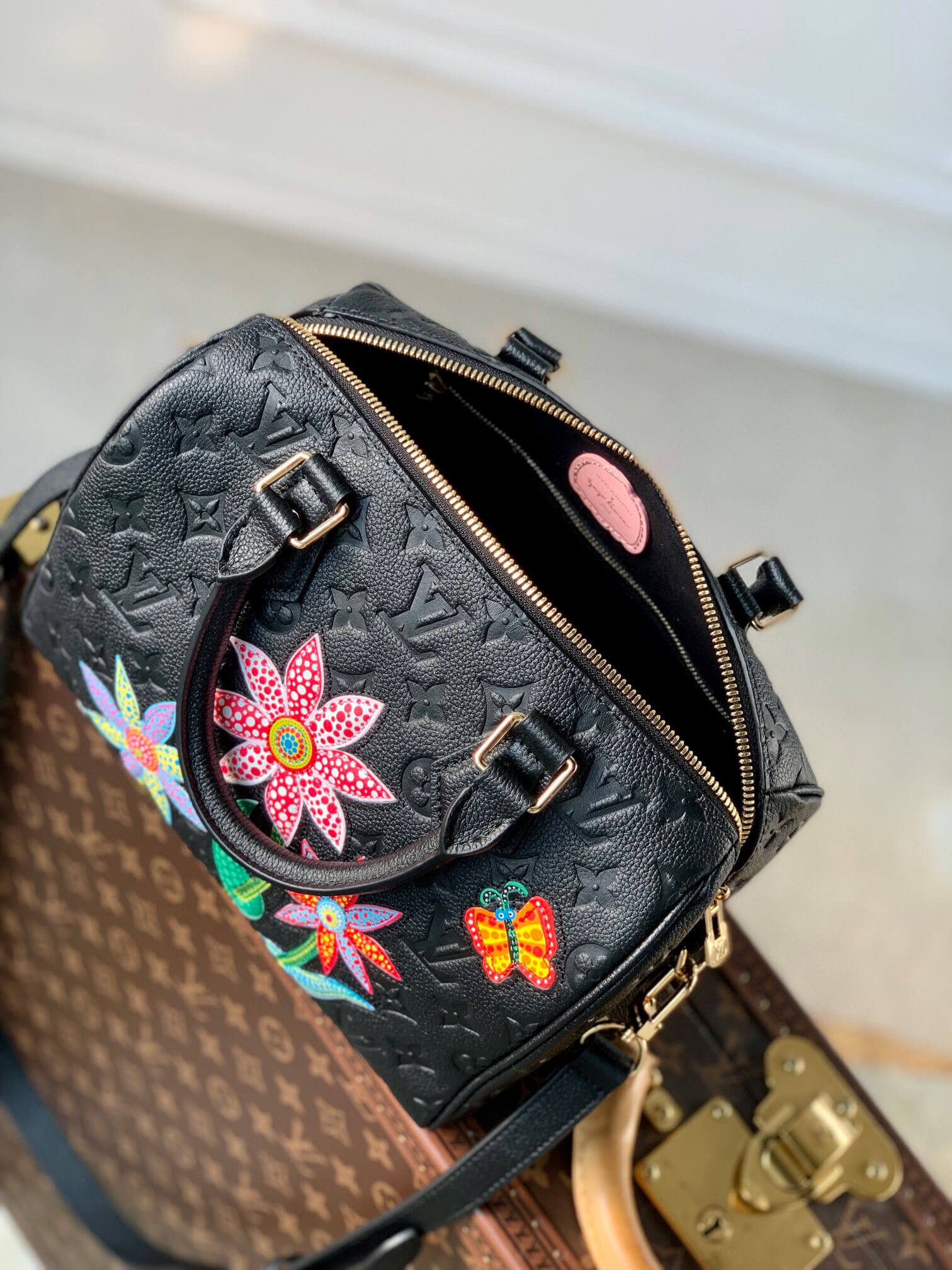 Louis Vuitton Monogram Empreinte LV x YK Speedy Bandoulière 25 Shoulder HandBag M46415 Black Flower - White Cream Flower - Image 3