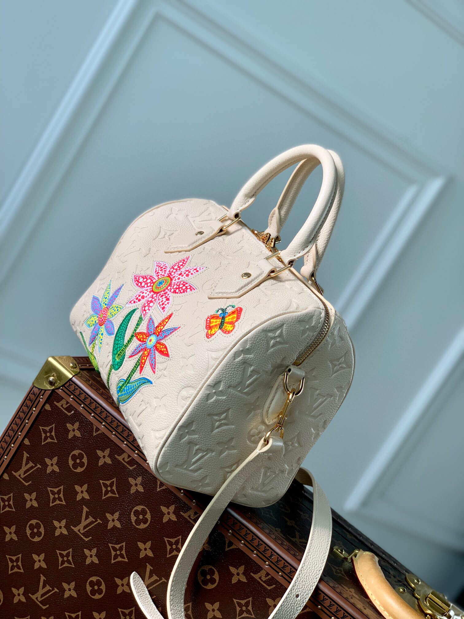 Louis Vuitton Monogram Empreinte LV x YK Speedy Bandoulière 25 Shoulder HandBag M46415 Black Flower - White Cream Flower - Image 17