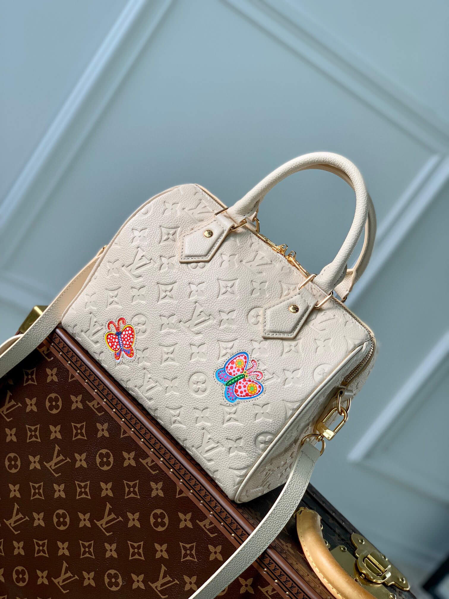 Louis Vuitton Monogram Empreinte LV x YK Speedy Bandoulière 25 Shoulder HandBag M46415 Black Flower - White Cream Flower - Image 11