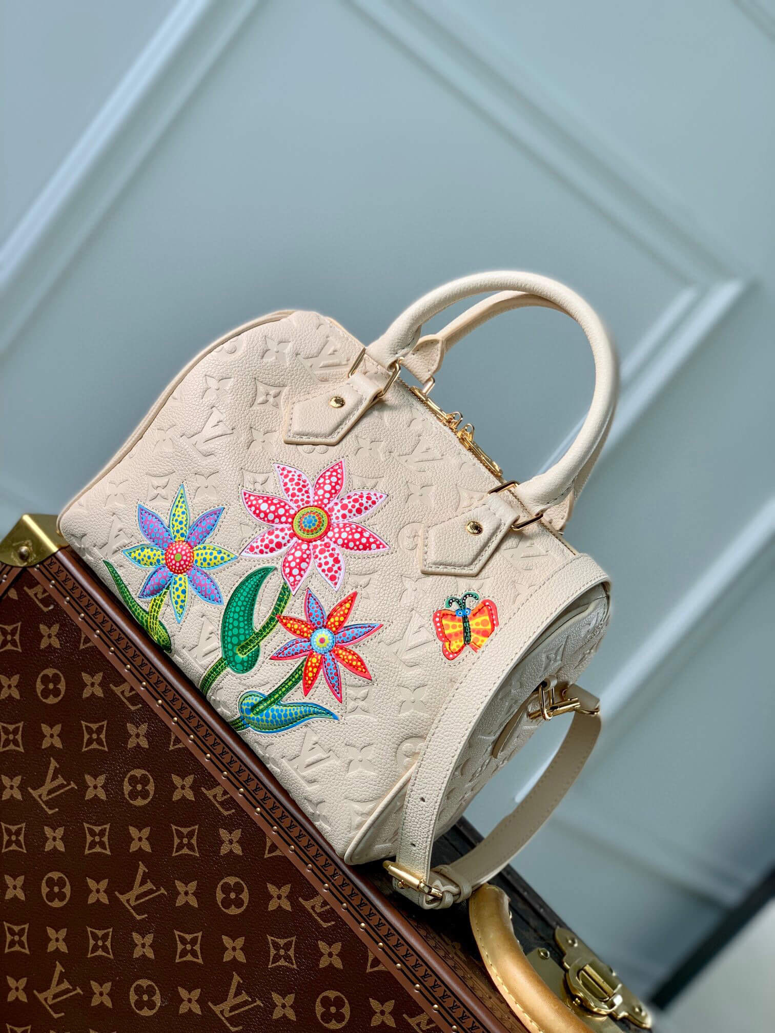 Louis Vuitton Monogram Empreinte LV x YK Speedy Bandoulière 25 Shoulder HandBag M46415 Black Flower - White Cream Flower - Image 10