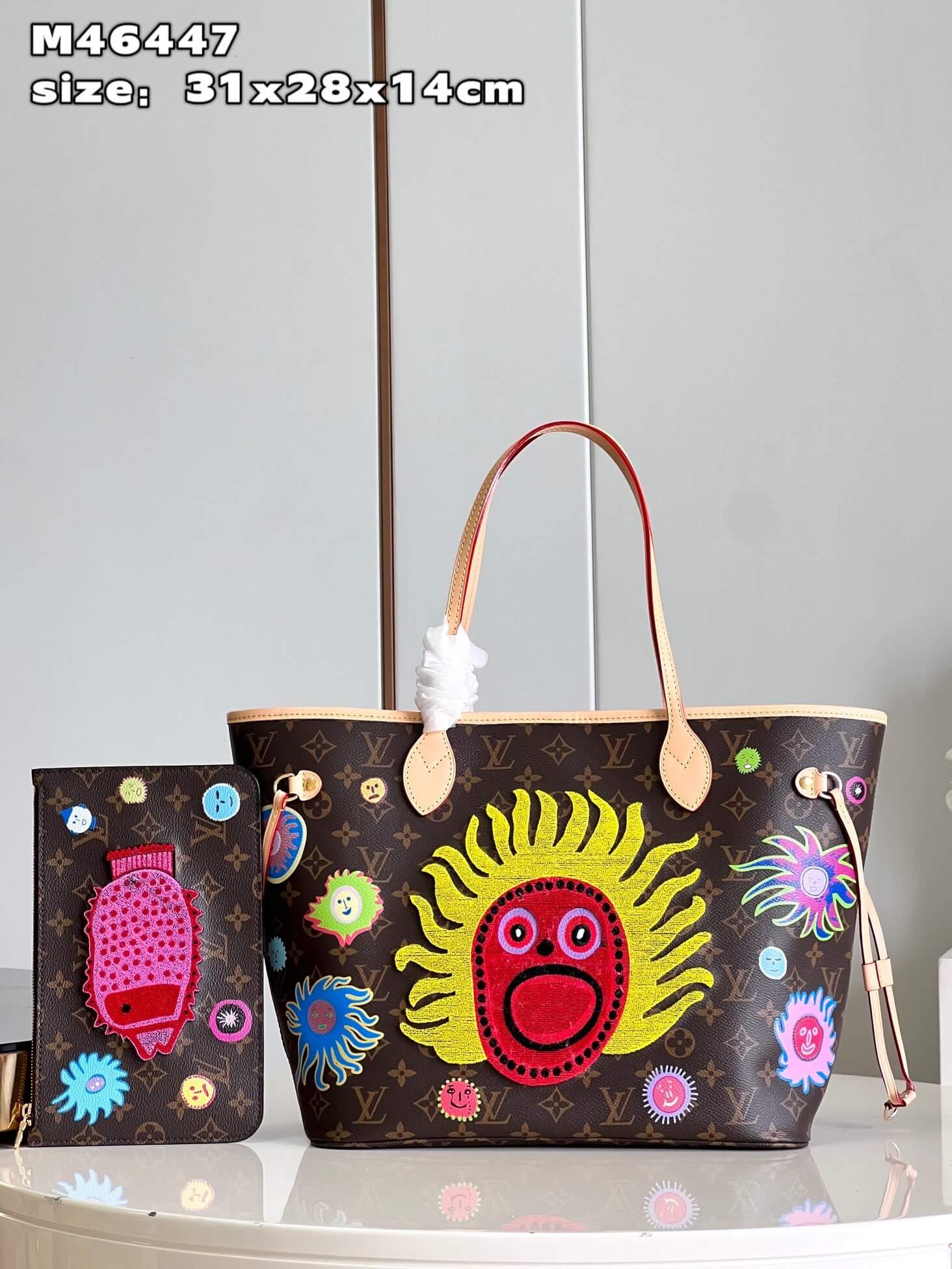 Louis Vuitton Monogram canvas Kusama LV x YK Neverfull MM Handbag M46447 Brown / Red