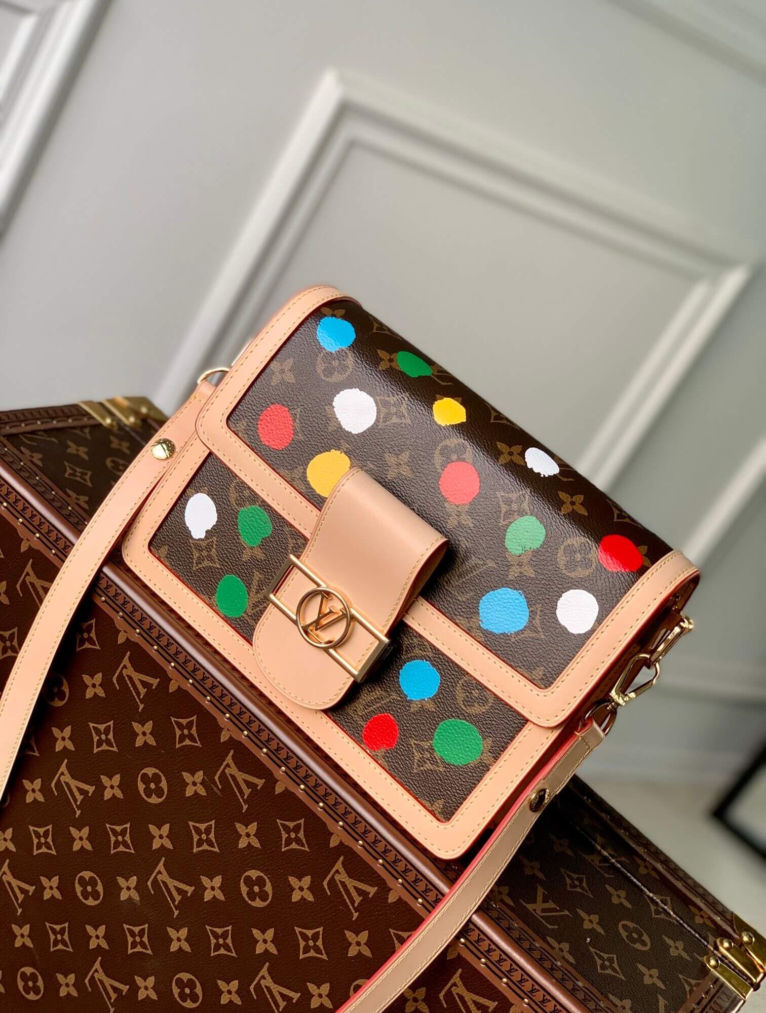 Louis Vuitton Monogram canvas  LV x YK Dots print Dauphine MM Shoulder Handbag M46432 Multicolor Red