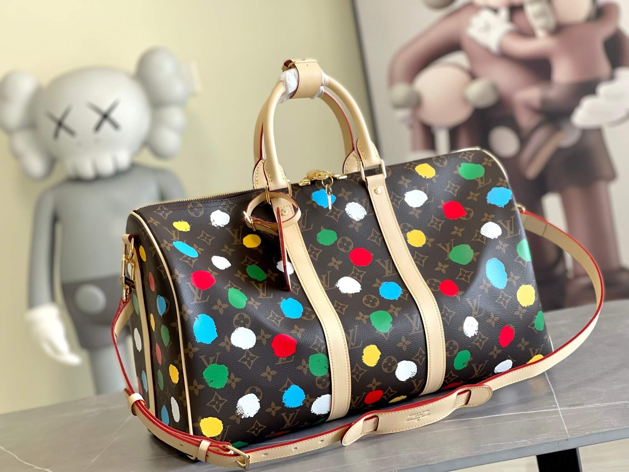 Louis Vuitton Monogram canvas LV x YK Dots print Keepall 45 Travel Shoulder HandBag M46377 Multicolor Red