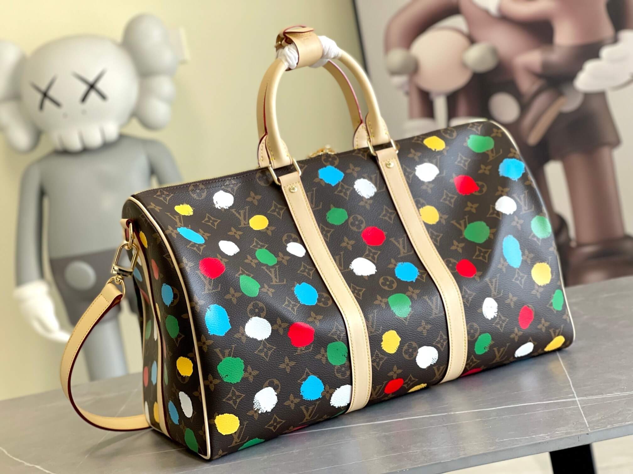 Louis Vuitton Monogram canvas LV x YK Dots print Keepall 45 Travel Shoulder HandBag M46377 Multicolor Red - Image 9